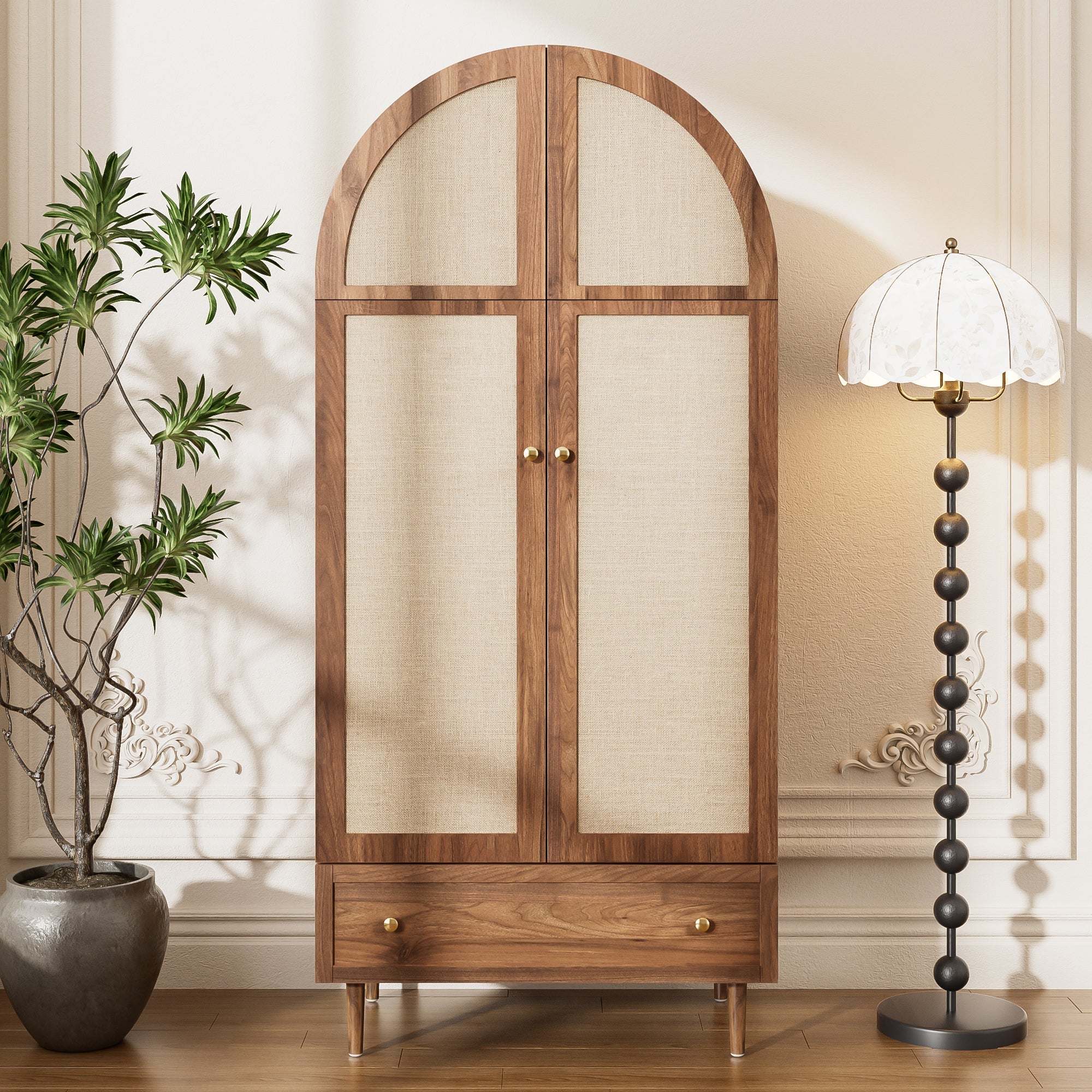 Wardrobe with Drawers Linen Fabric Wooden Doors