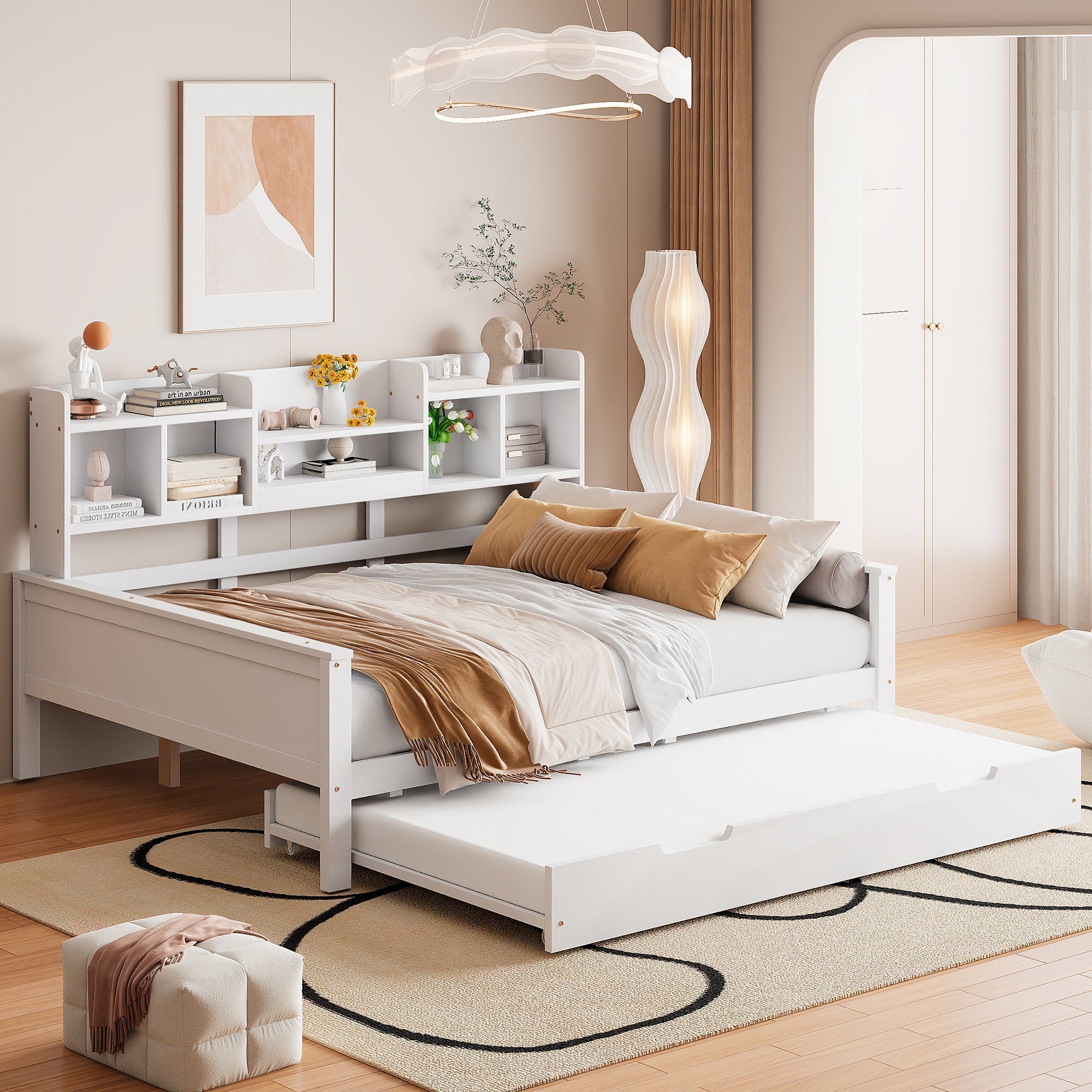 Sofa Bed, Pull-Out 140x200CM, Storage & Slatted Frame, Pine Wood White