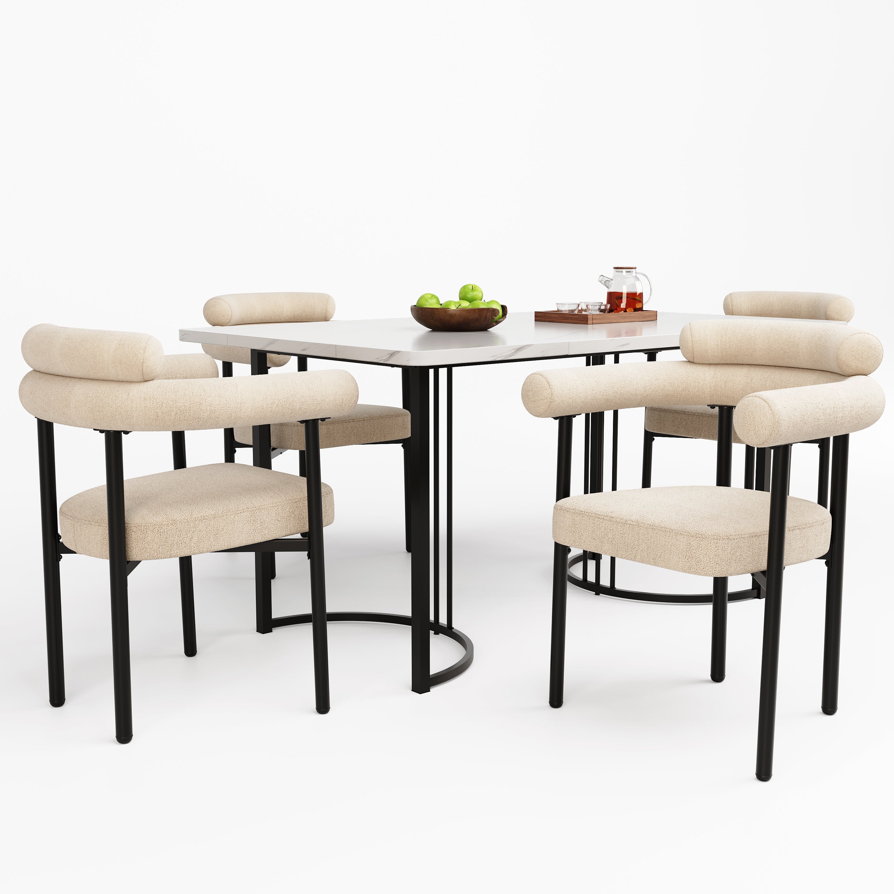 5-Piece Dining Set 4 Hollow Armchairs Designer Metal Legs Cream Suede