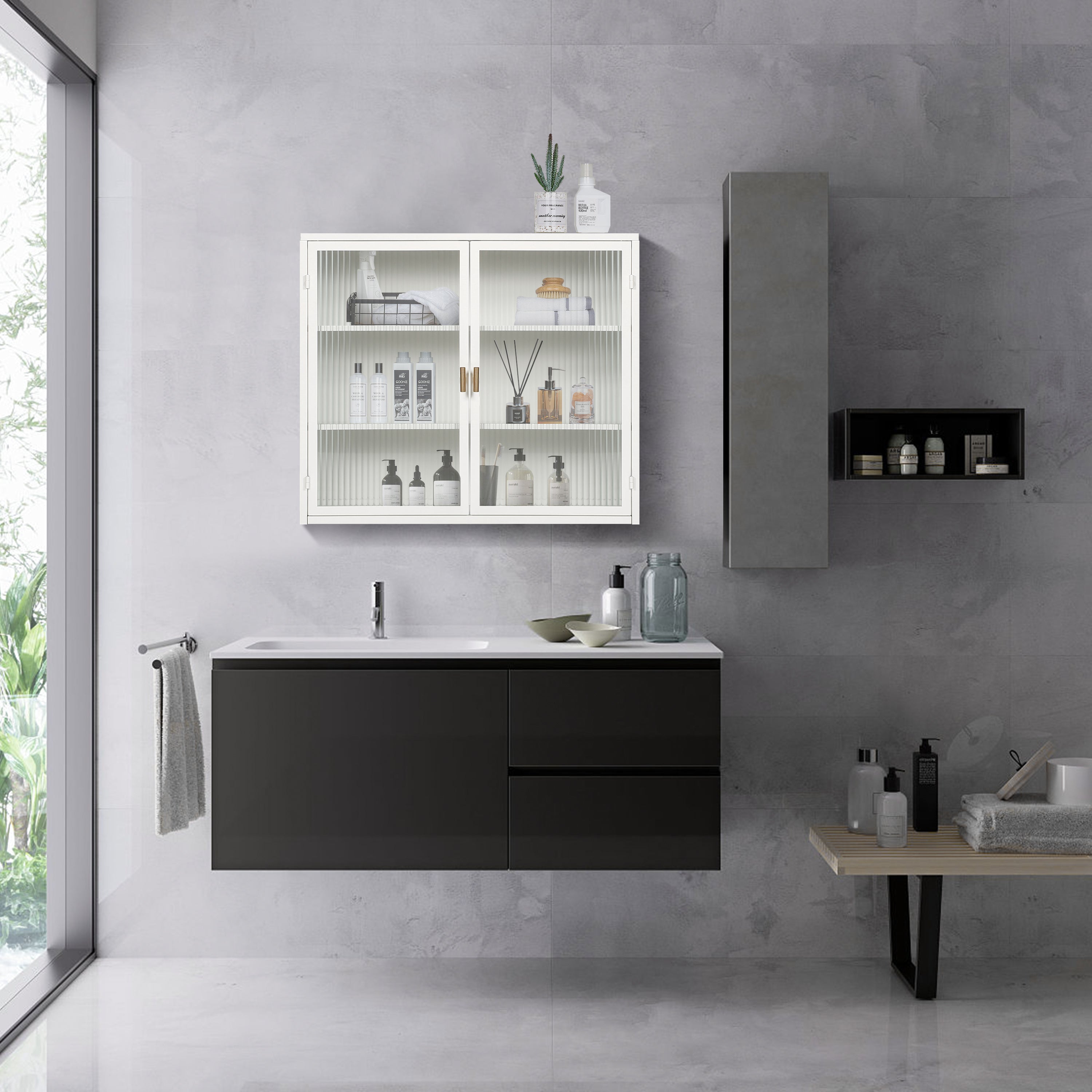 70CM Glass Doors Modern Two-Door Wall Cabinet with Three-Tier Storage White