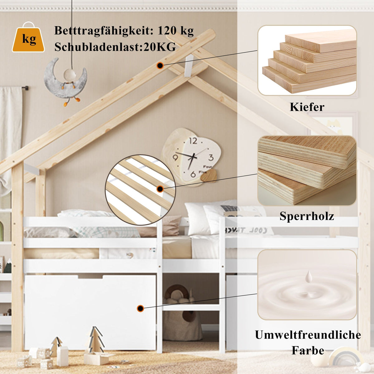 Children's Mid-Sleeper House Bed with Stairs, Storage Lockers, 90x200cm, Pine+MDF White/Natural