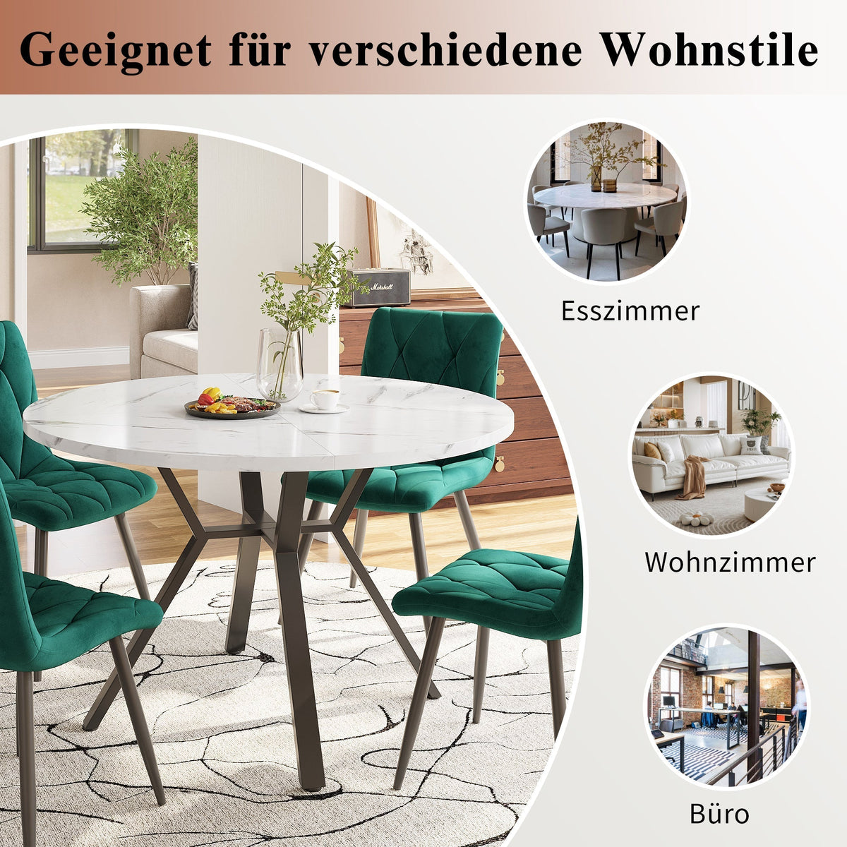 Dining Table and Chair Set 5-Piece Round Marble Table 4 Ergonomic Chairs Black Metal & Black Suede