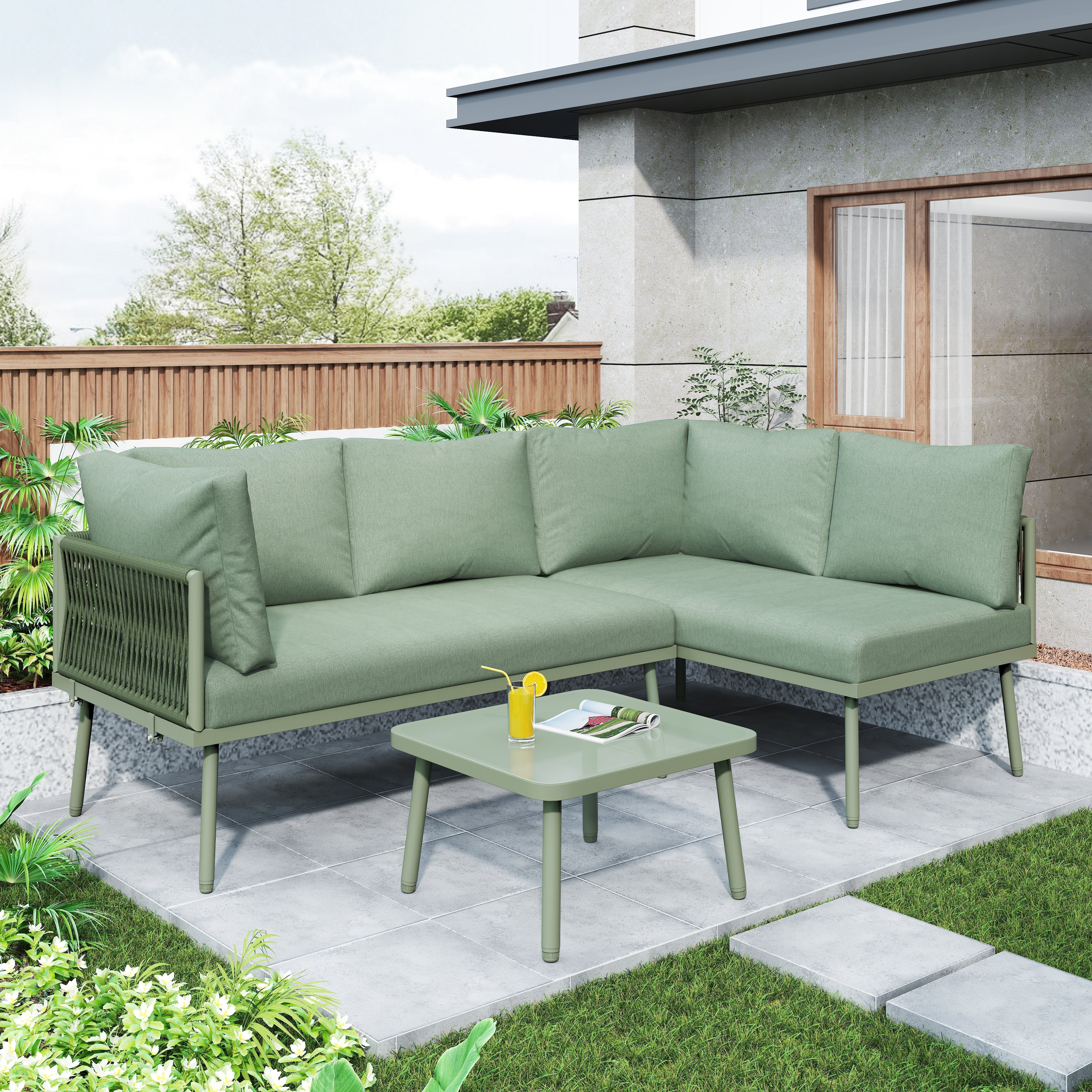 Outdoor Patio Furniture Garden Lounge Set 4-5 Person L-Shaped Corner Sofa Glass Coffee Table Green