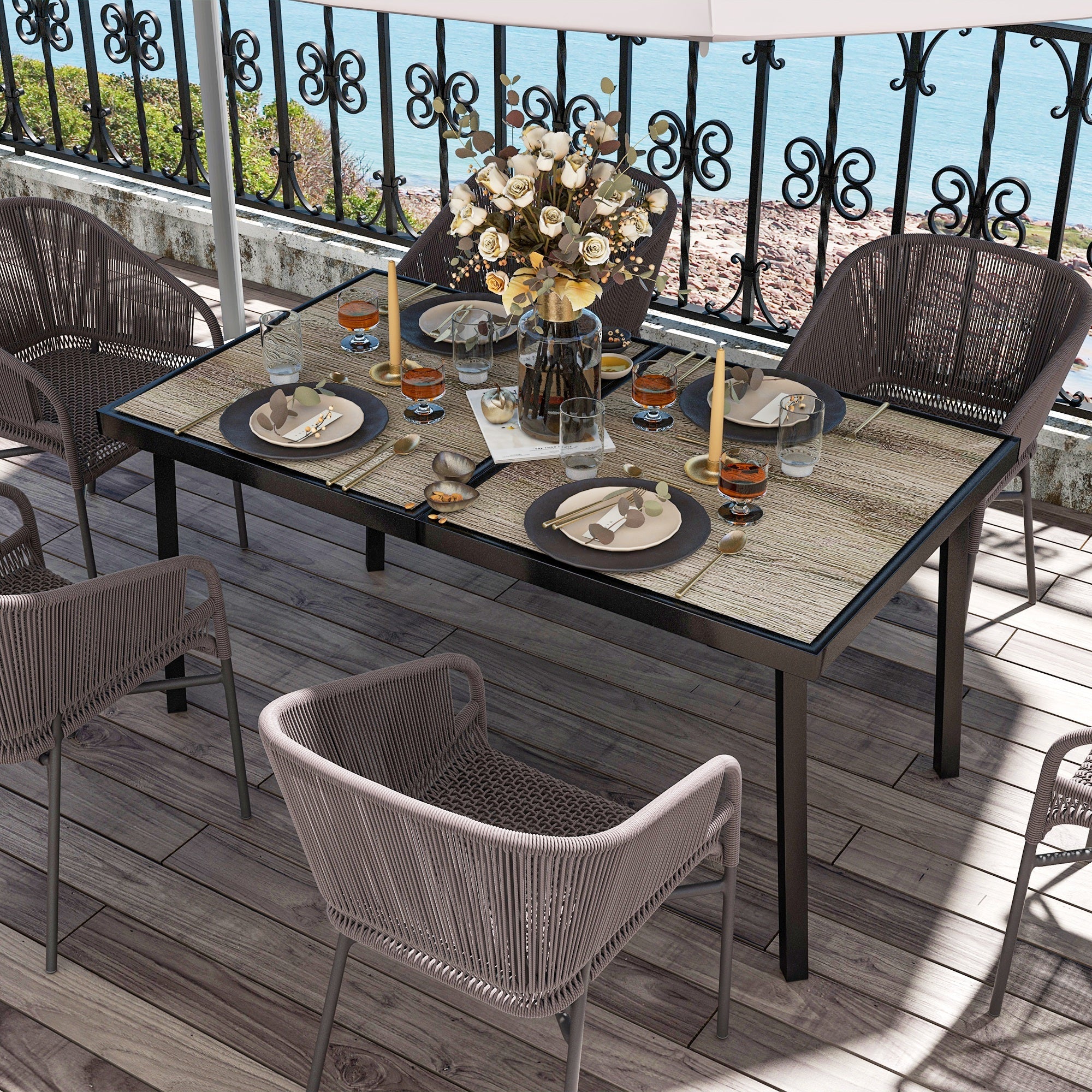 Garden Dining Table 145x85cm 6-Seater Wood Look Steel Frame, Grey