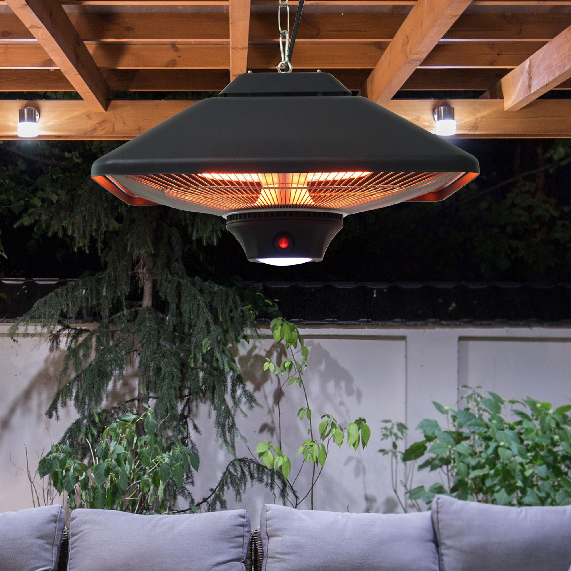 Patio Heater Ceiling Heater with Remote Control LED Lighting 2000W Black