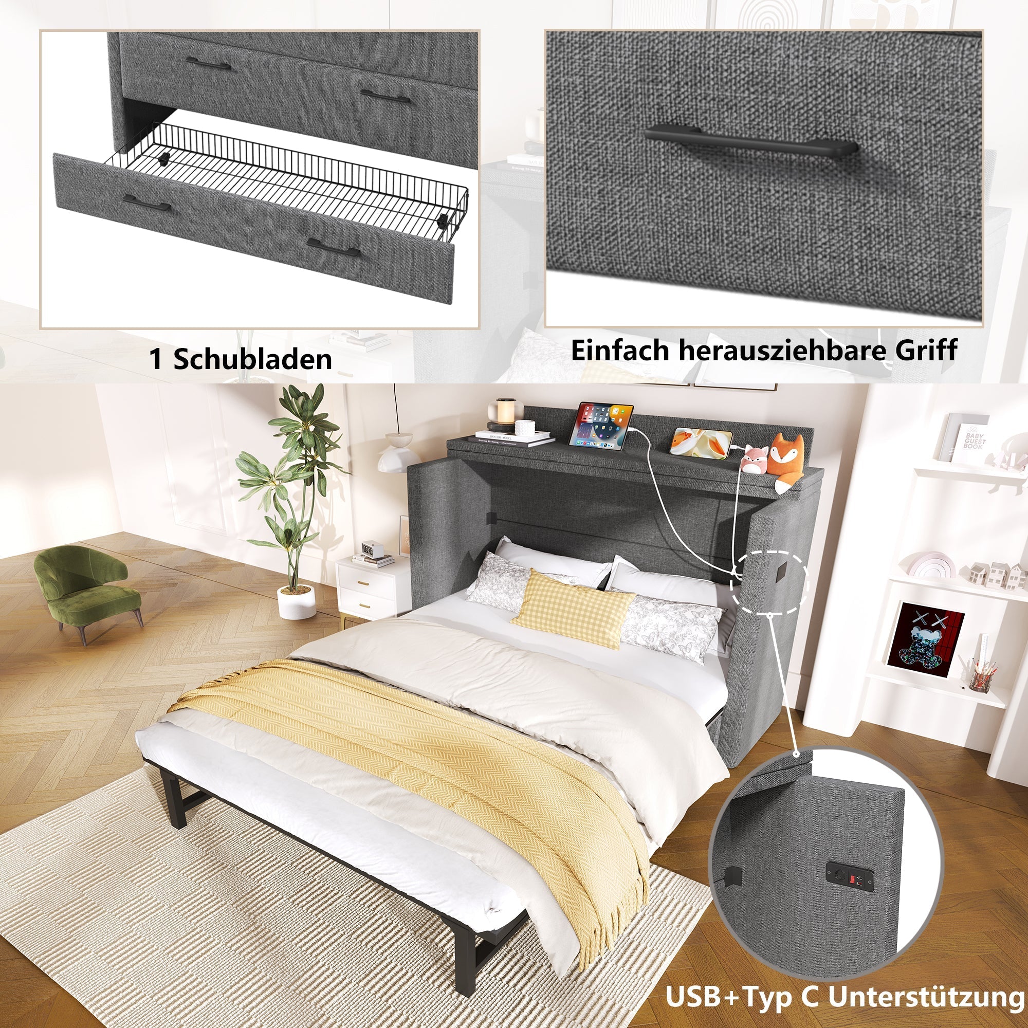 Mobile Murphy Bed with Storage and USB Ports, 140 x 200 cm, Grey Linen