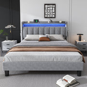 Upholstered Bed, 4ft6 Double 135x190cm, Lower Flap Door Storage, LED Light Strip, 3 USB + 1 Type C, Durable, Sturdy, Youth Bed, Velvet, Grey