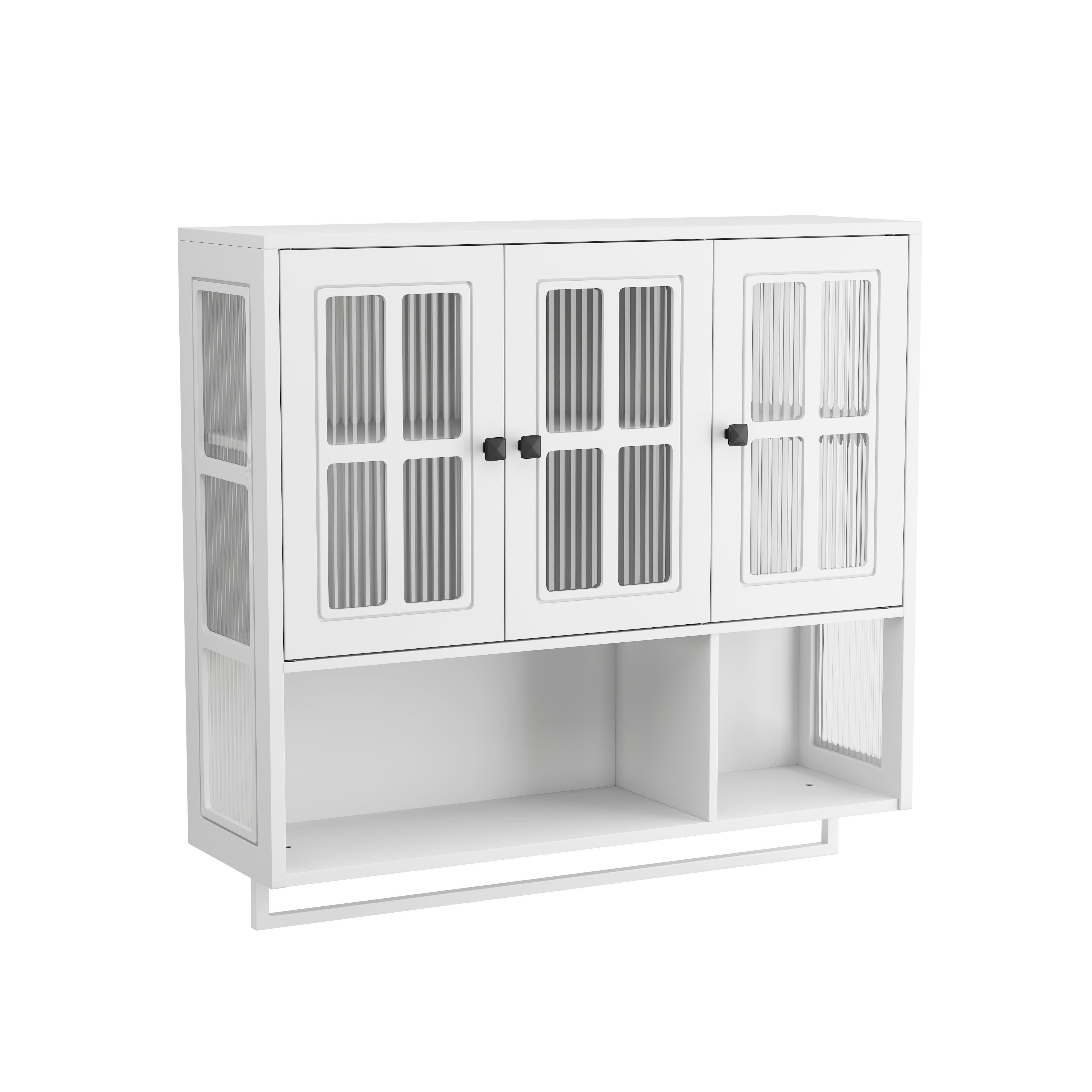 Bathroom Wall Cabinet, 3-Door Wooden with Open/Hidden Storage & Towel Bar, White