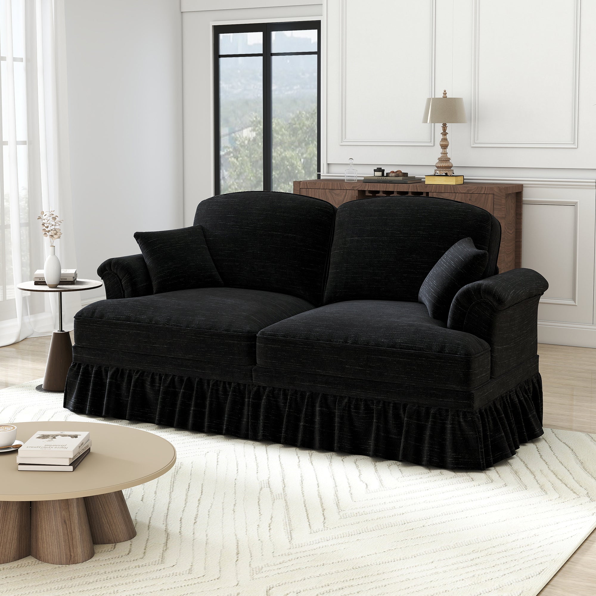 2-Seater Sofa Mid-Century Modern Flared Arms Chenille - Black