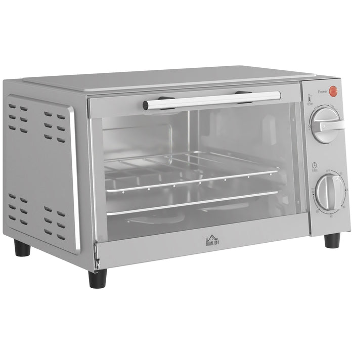 Mini Oven 9L, Baking Tray, Grill Rack, 100-230°C, 60-Min Timer, 750W, Stainless Steel, Silver