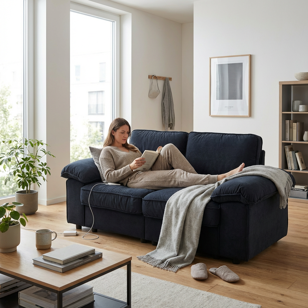 2-Seater Sofa Integrated Storage - Soft Fabric / Wood Frame