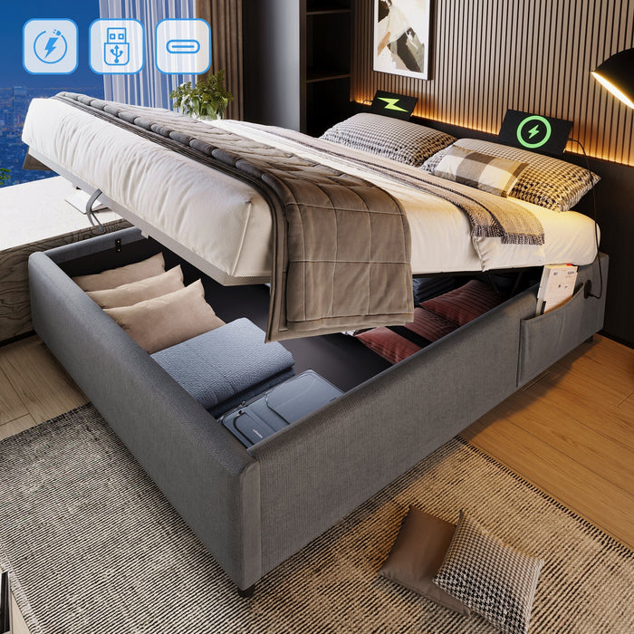 Upholstered Double Bed with Storage, USB-C and Full Slatted Base, 160x200cm, Grey Cotton