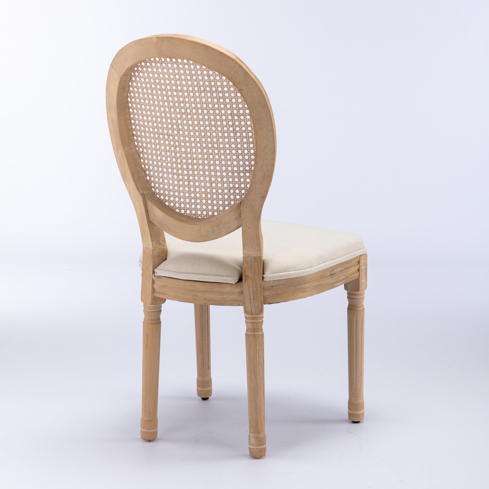 French Style Dining Chair Solid Wood Rattan Back Linen Set of 2 - Cream Beige