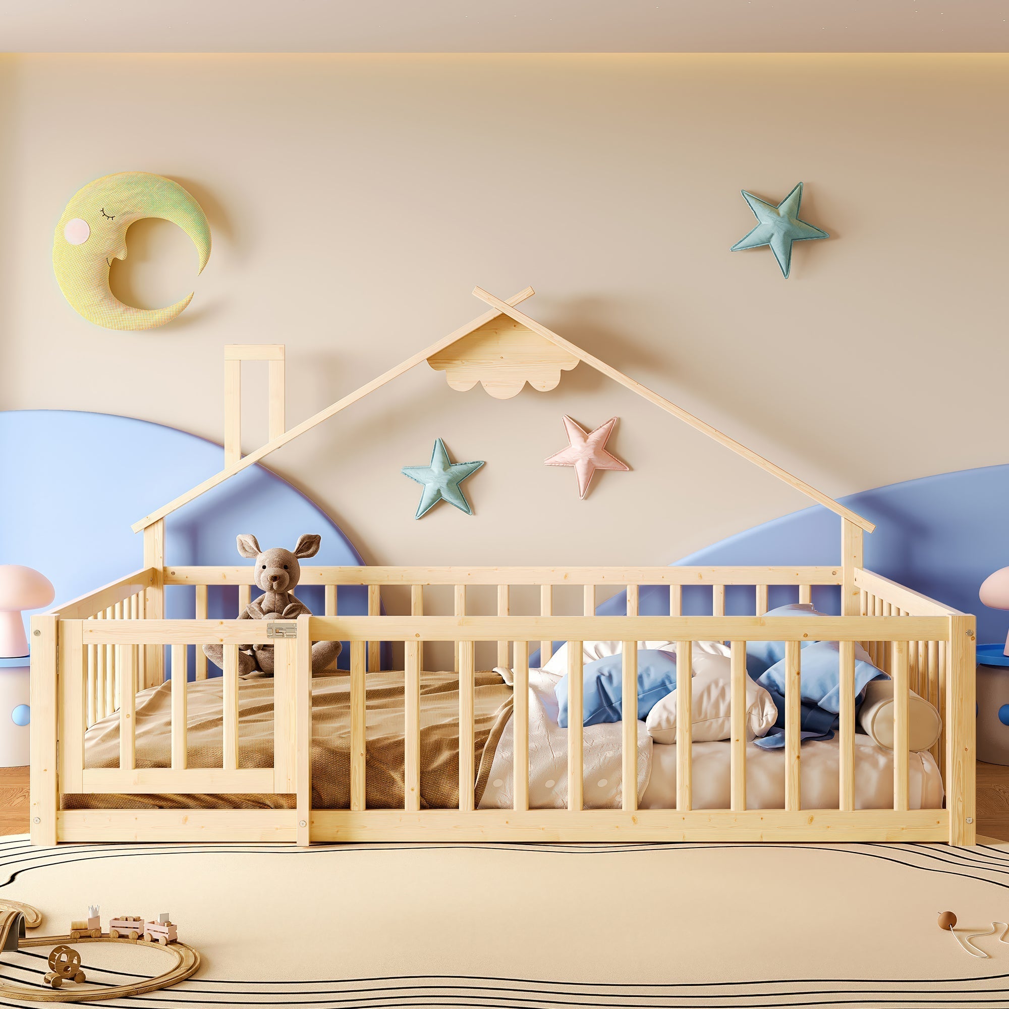 Flatbed 140x190cm House Rail with Lock - Pine Wood Natural