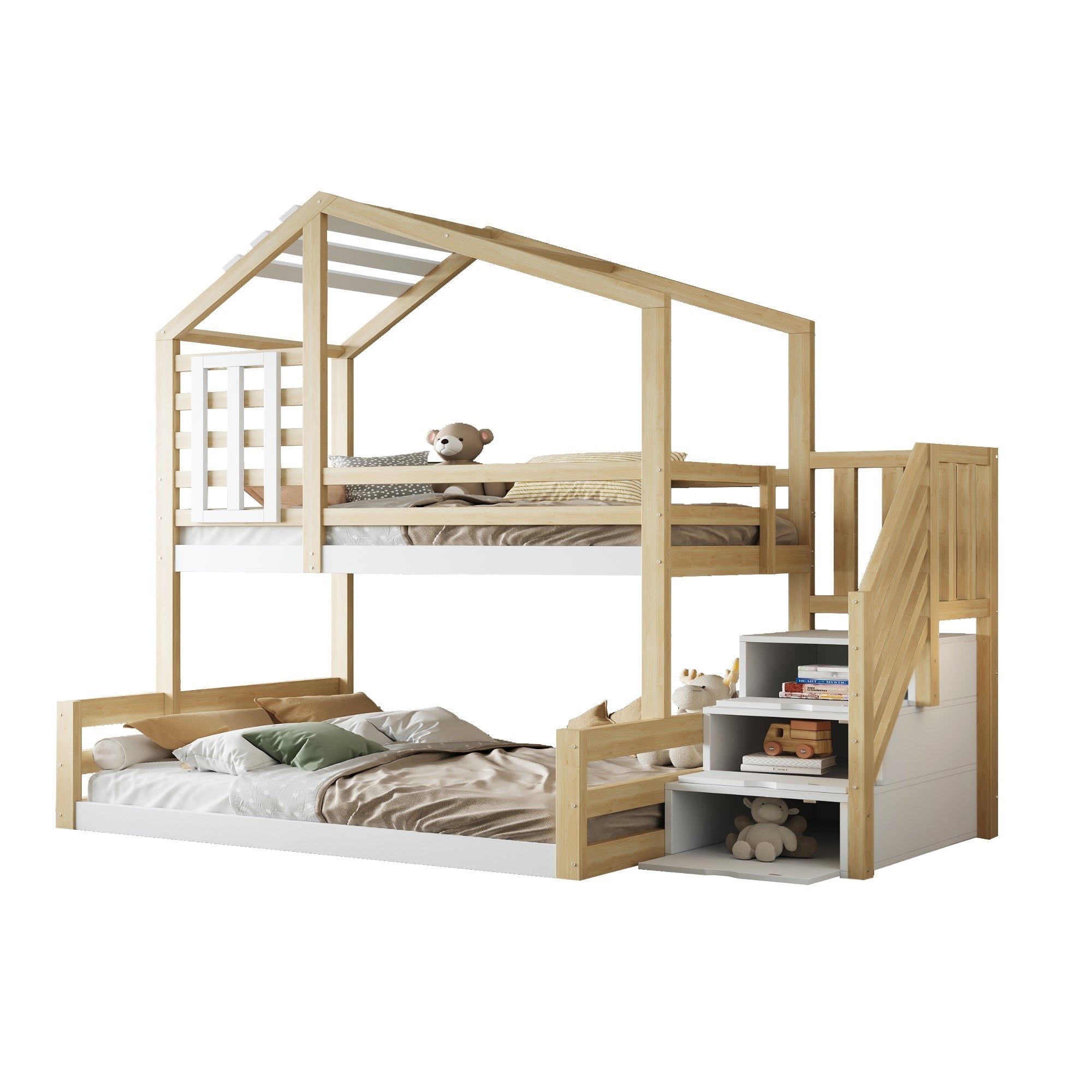 Bunk Bed 90x200cm with Window Railing Storage Steps Natural Pine Wood