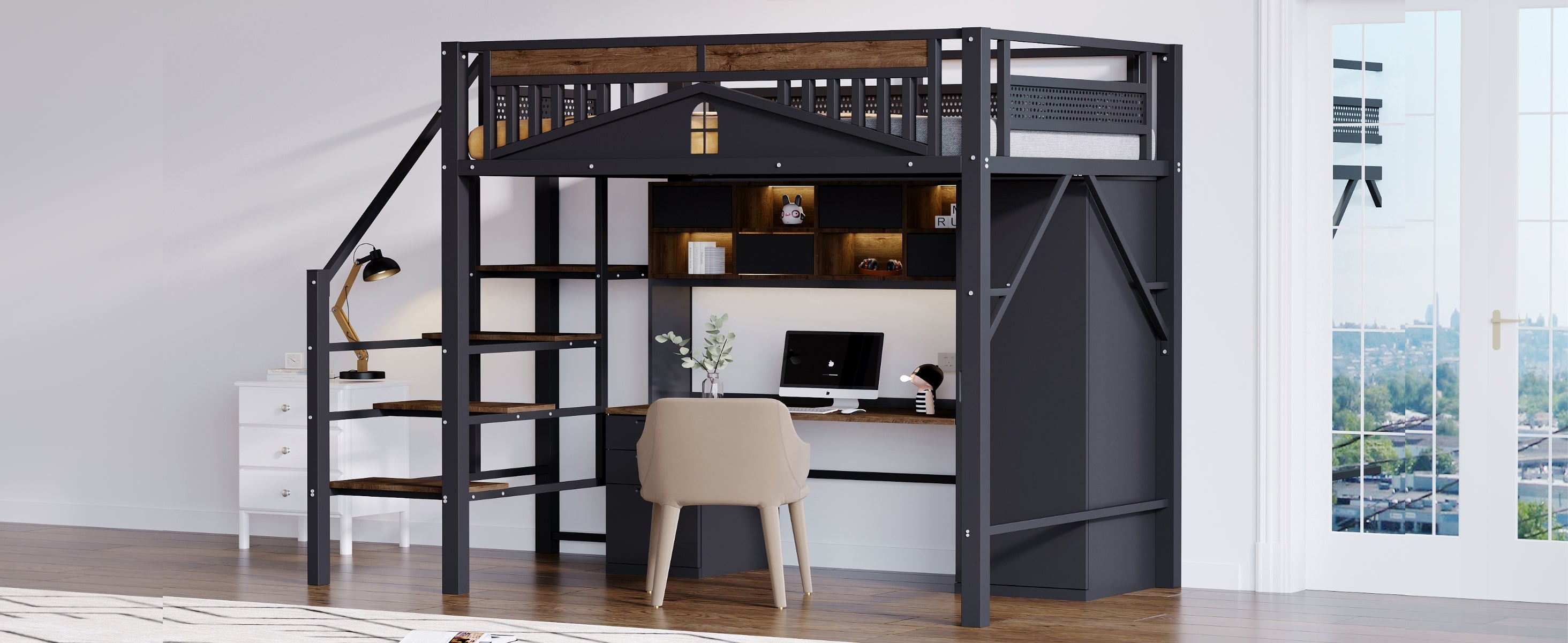 Loft Metal Bed 140x200 cm with Security Steps and Wood Accents, Black or White