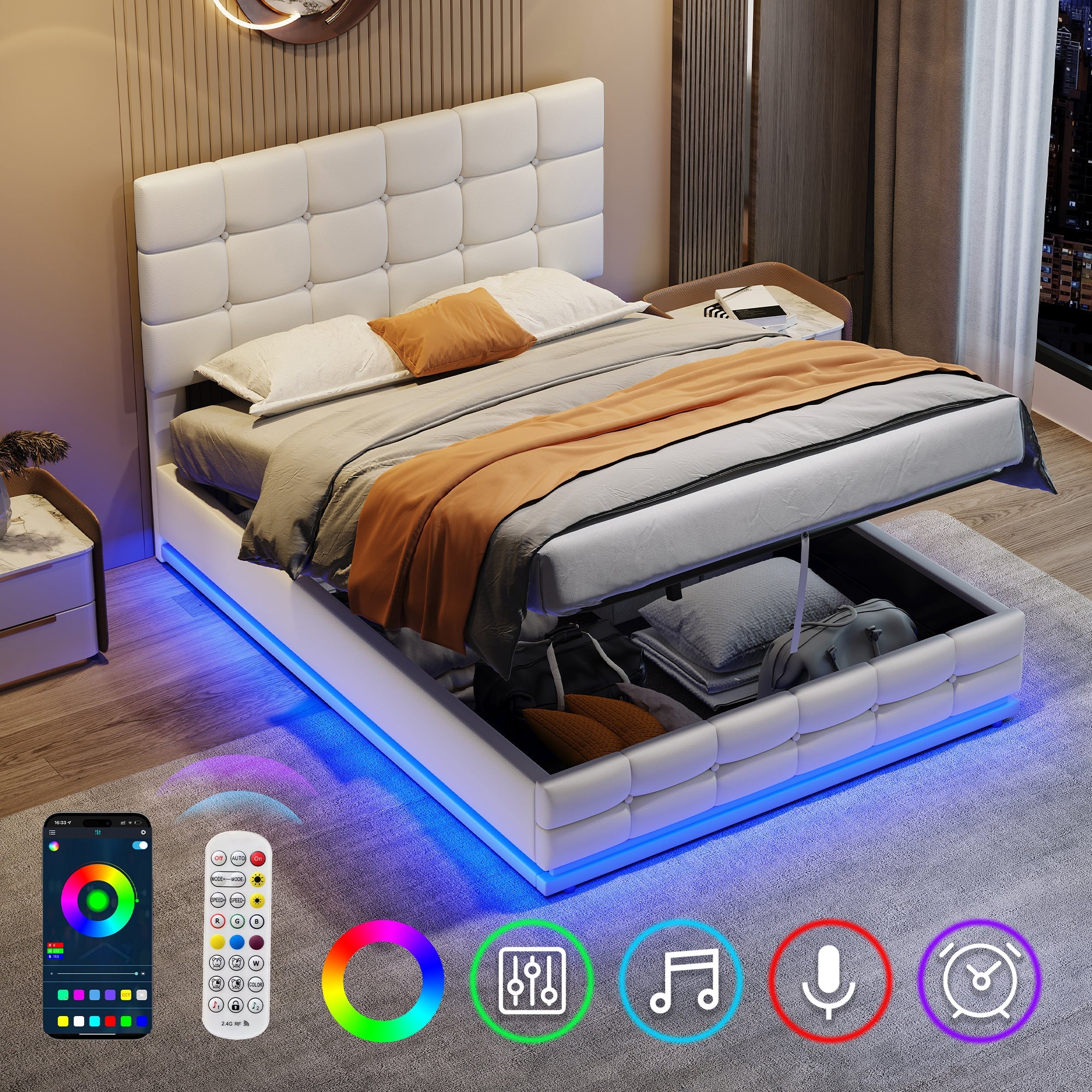 Ottoman Double Bed with LED Lighting, Hydraulic Storage