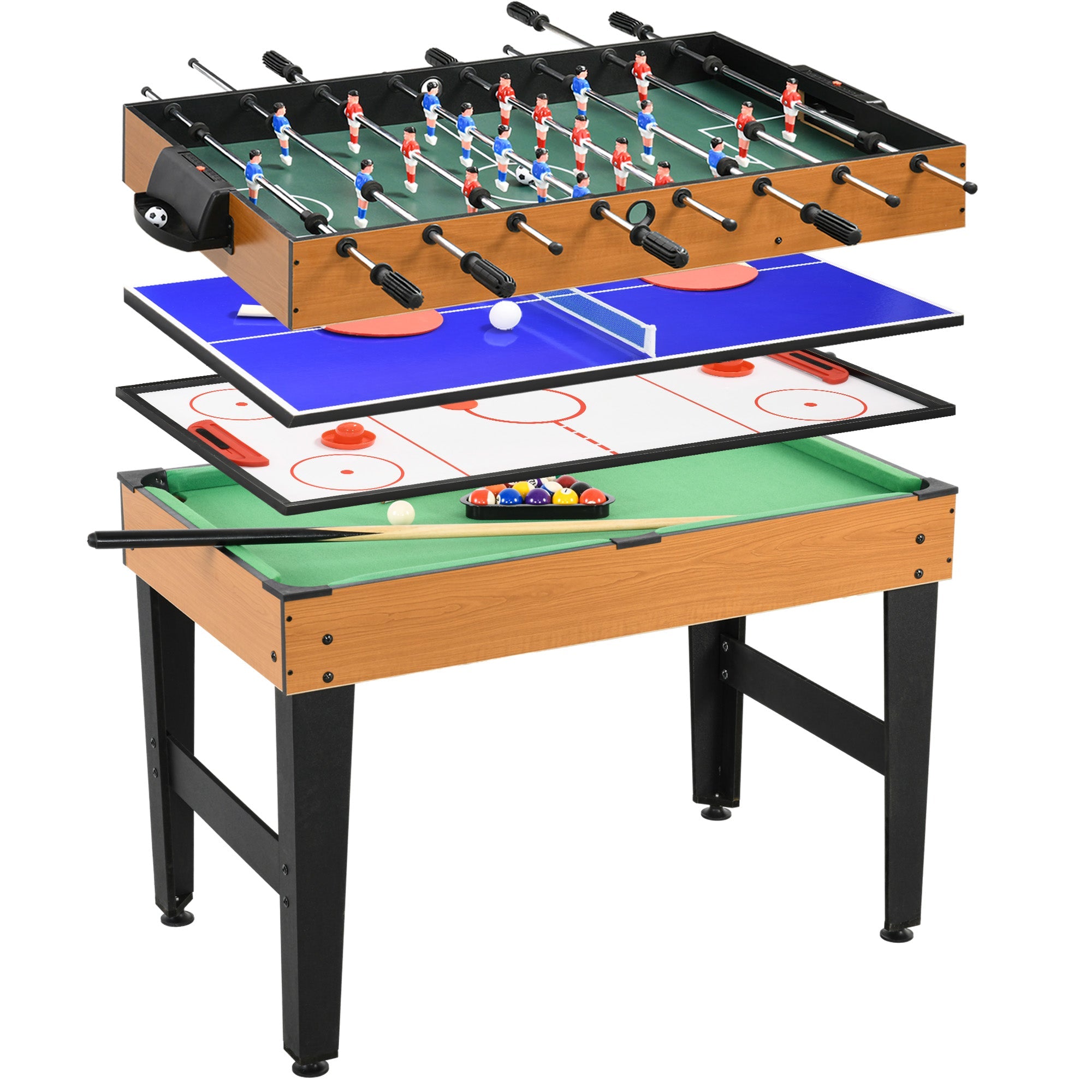 4-in-1 Multigame Table, Table Tennis Foosball Billiards Hockey, Natural Wood + Black