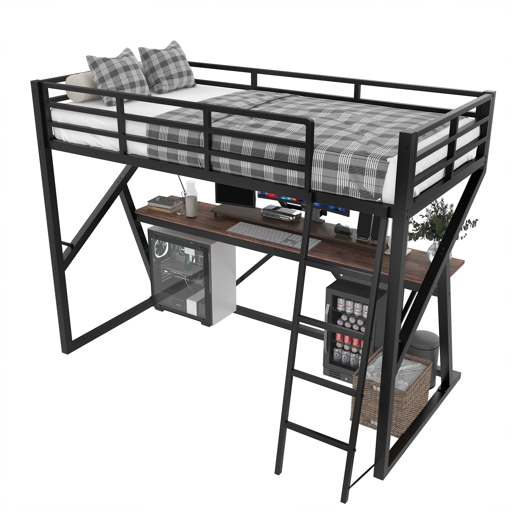 Loft Bed 90x200cm LED Strip Desk Iron Frame Black