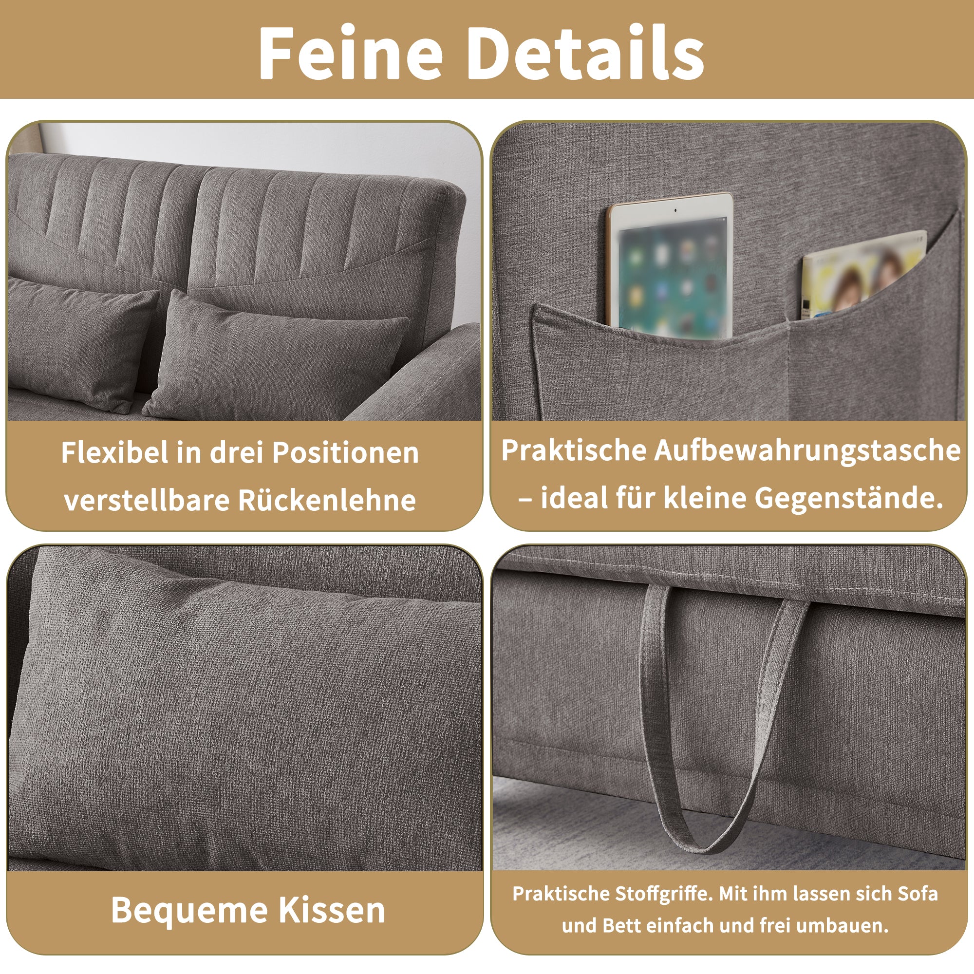 Two-Seater Sofa Bed with Adjustable Backrest and Pull-Out Design, Cotton-Linen Fabric