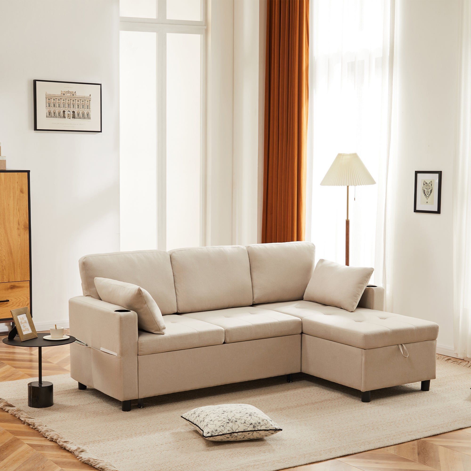 Sofa Bed, 3 Seater L-Shaped Sectional with Pull-out Storage, Convertible Settee for Living Room, Beige Fabric