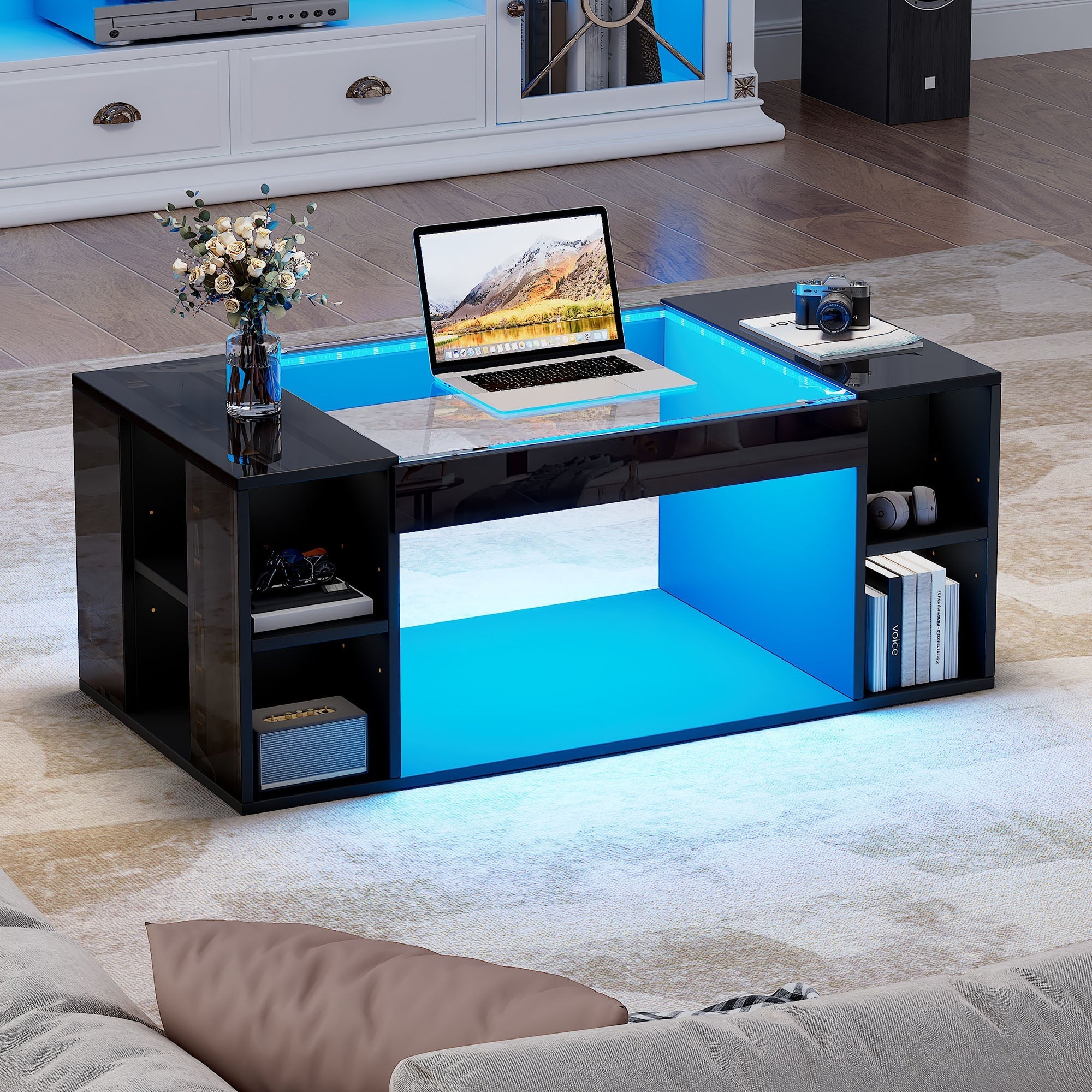 Coffee Table 100x50x40cm LED High-Gloss Tempered Glass Black