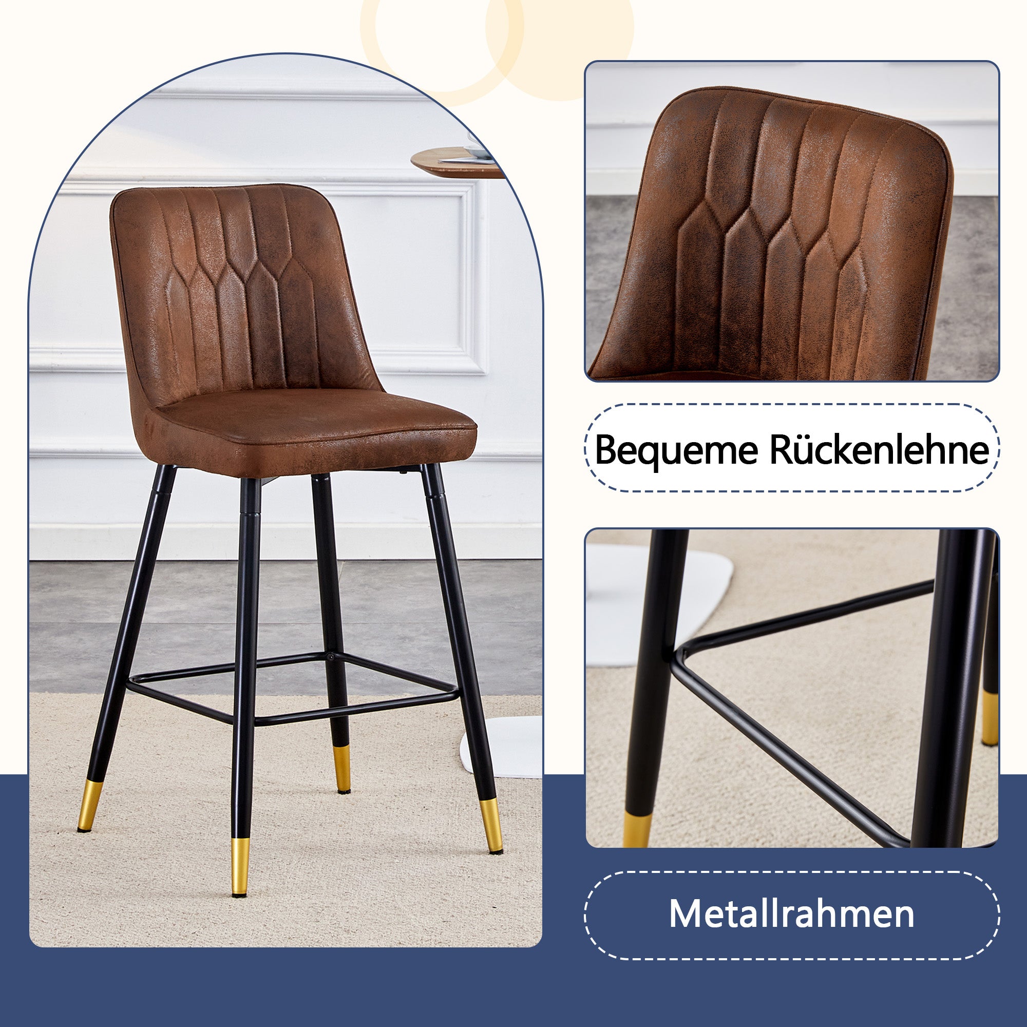 Set of 2 Bar Stools 100cm Black Metal Frame Footrest - Brown Tech Fabric