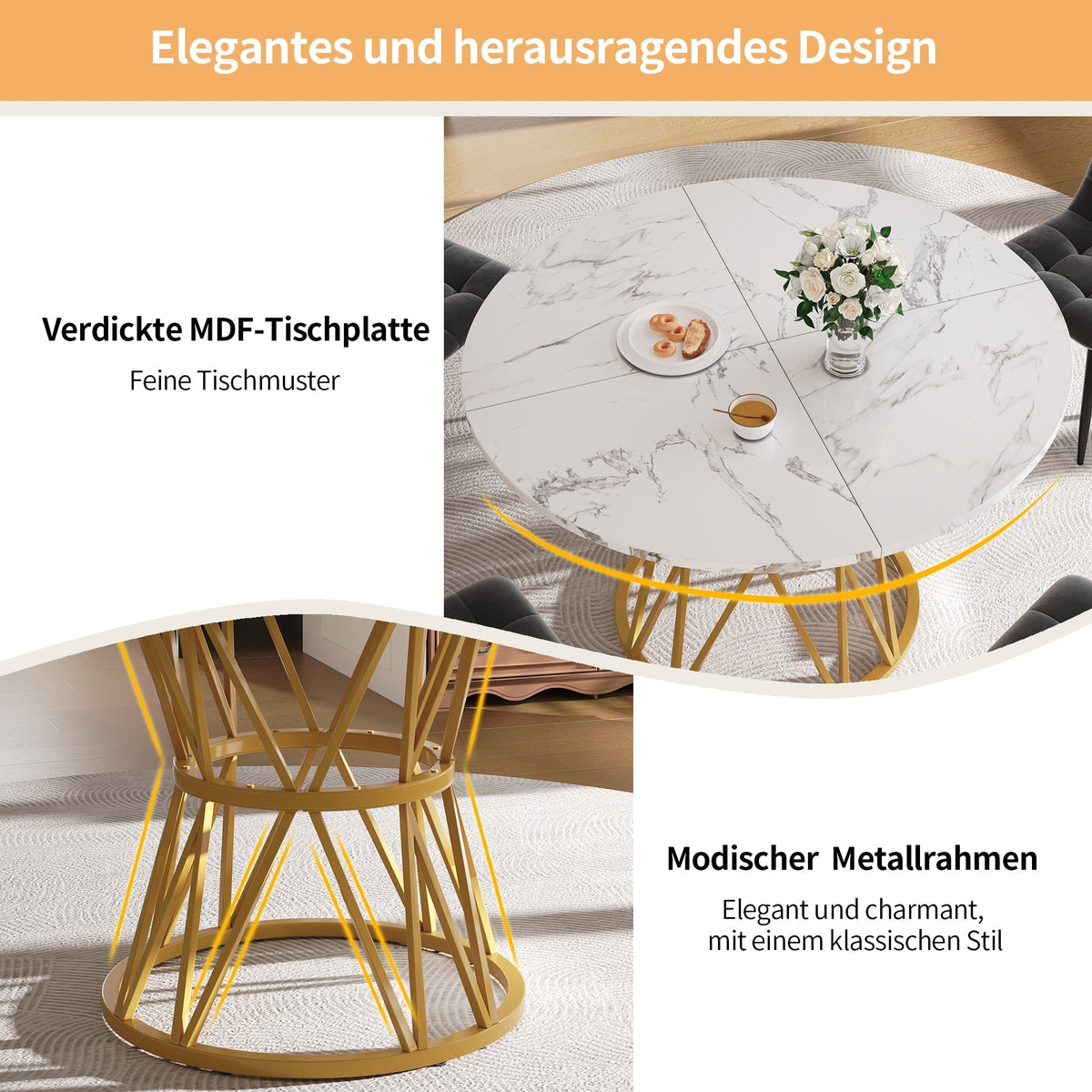 Round Dining Table 100cm 4-Seater MDF Marble Top Gold