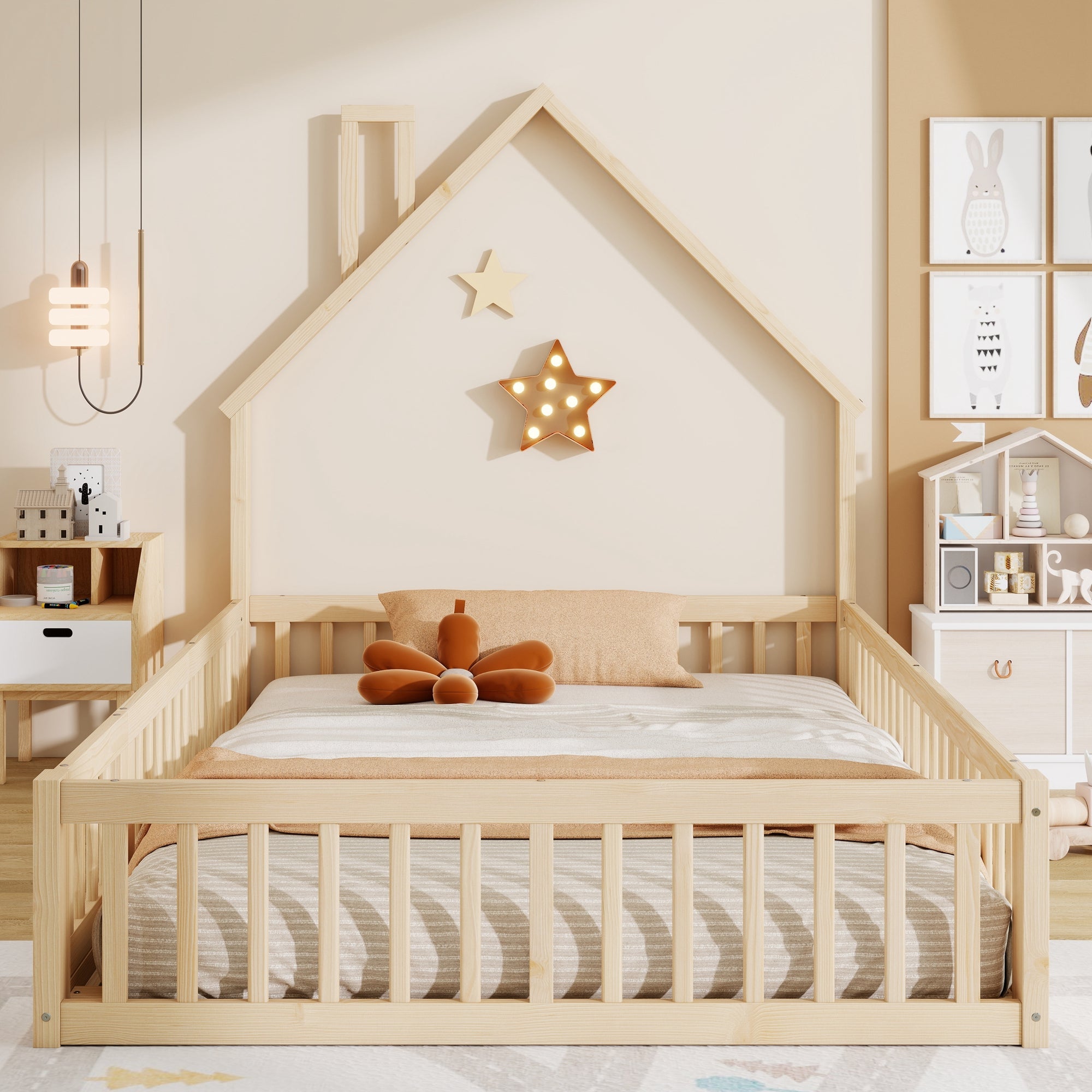 House Bed with Chimney Shape and Slatted Base, 140x190cm, Natural Pine Wood