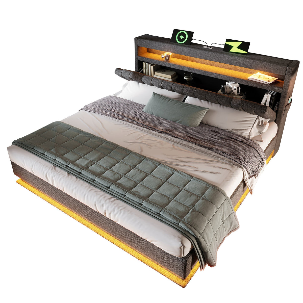 Upholstered Double Bed 140x200cm, Storage Headboard USB/Type-C, LED Lights, Hydraulic Storage, Grey Linen