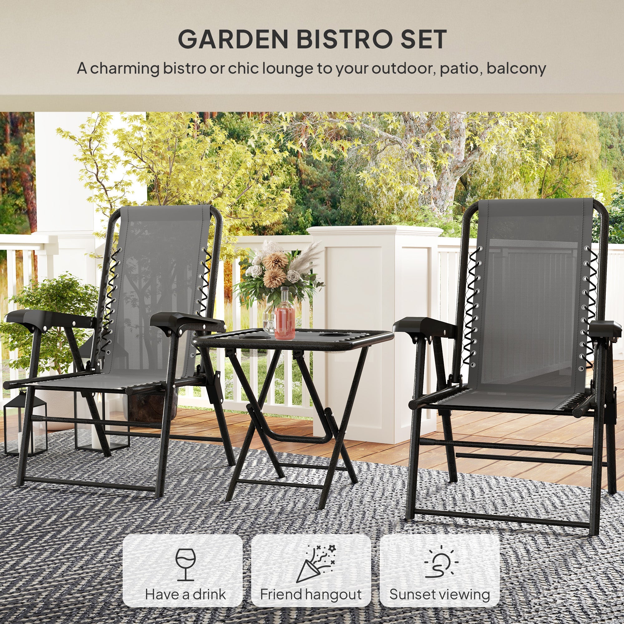 Three-Piece Garden Table and Chair Set, Folding Bistro Mesh-Top, Dark Grey