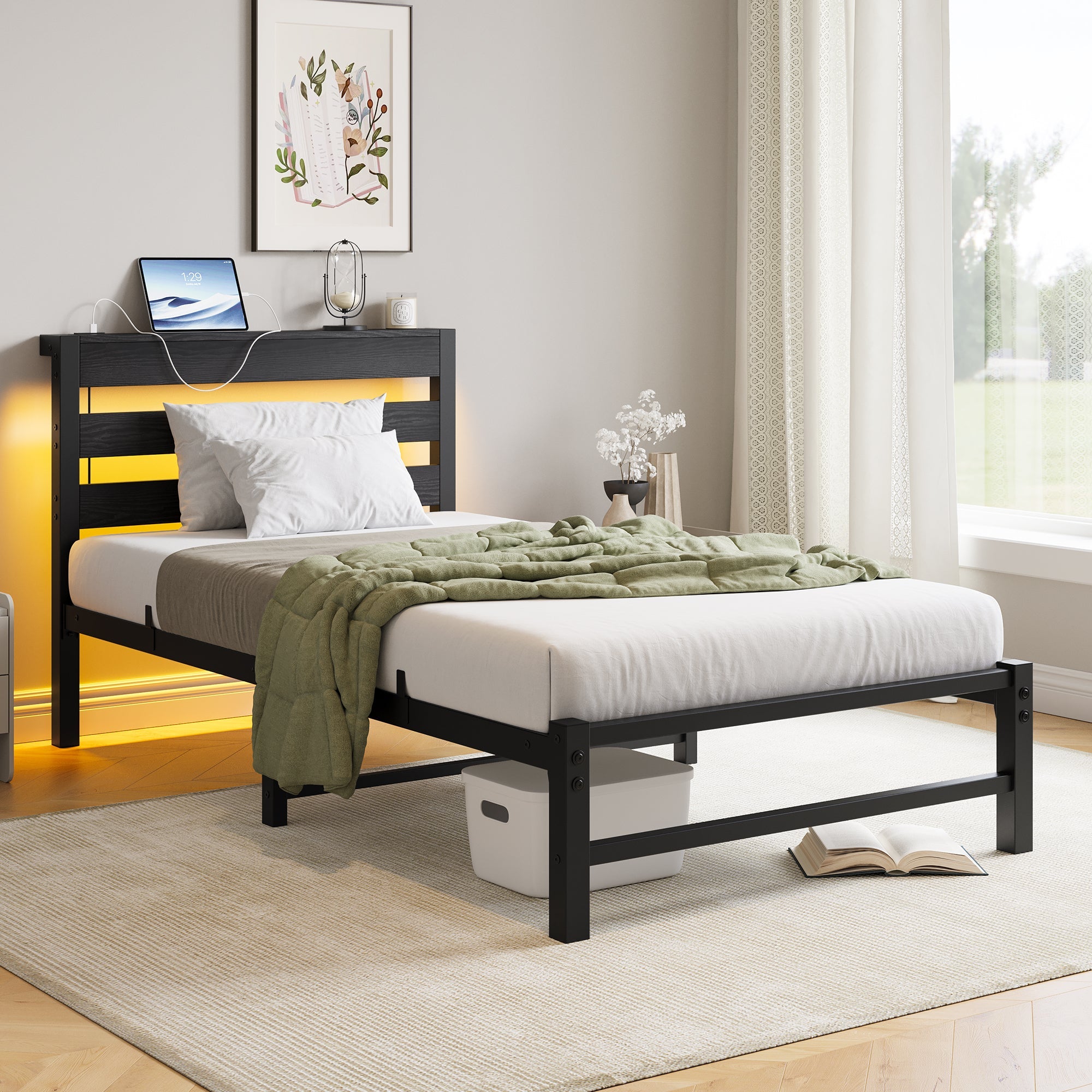 Metal Bed Frame 90x200 with LED Light USB Charging & Under-Bed Storage