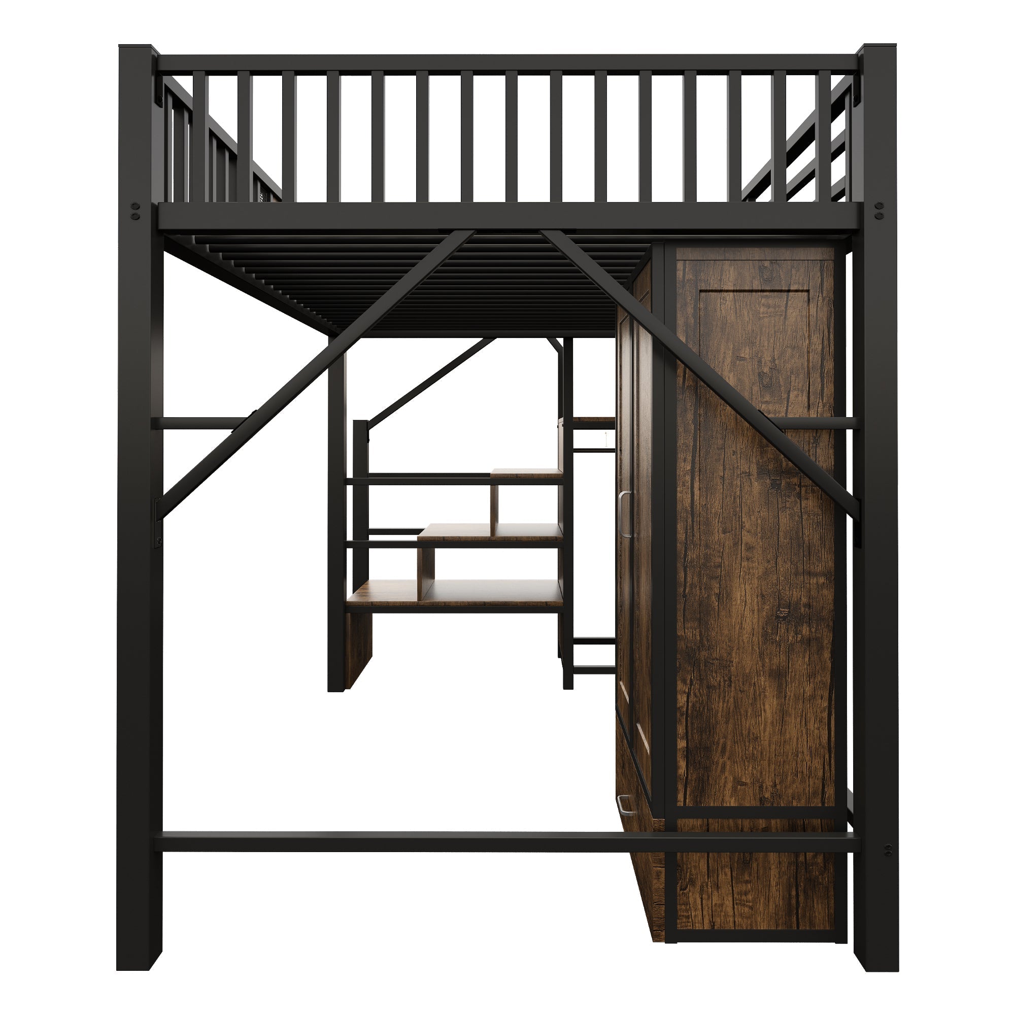 High Loft Bed with Wardrobe, Storage Ladder and Metal Frame, Black Metal and Wood