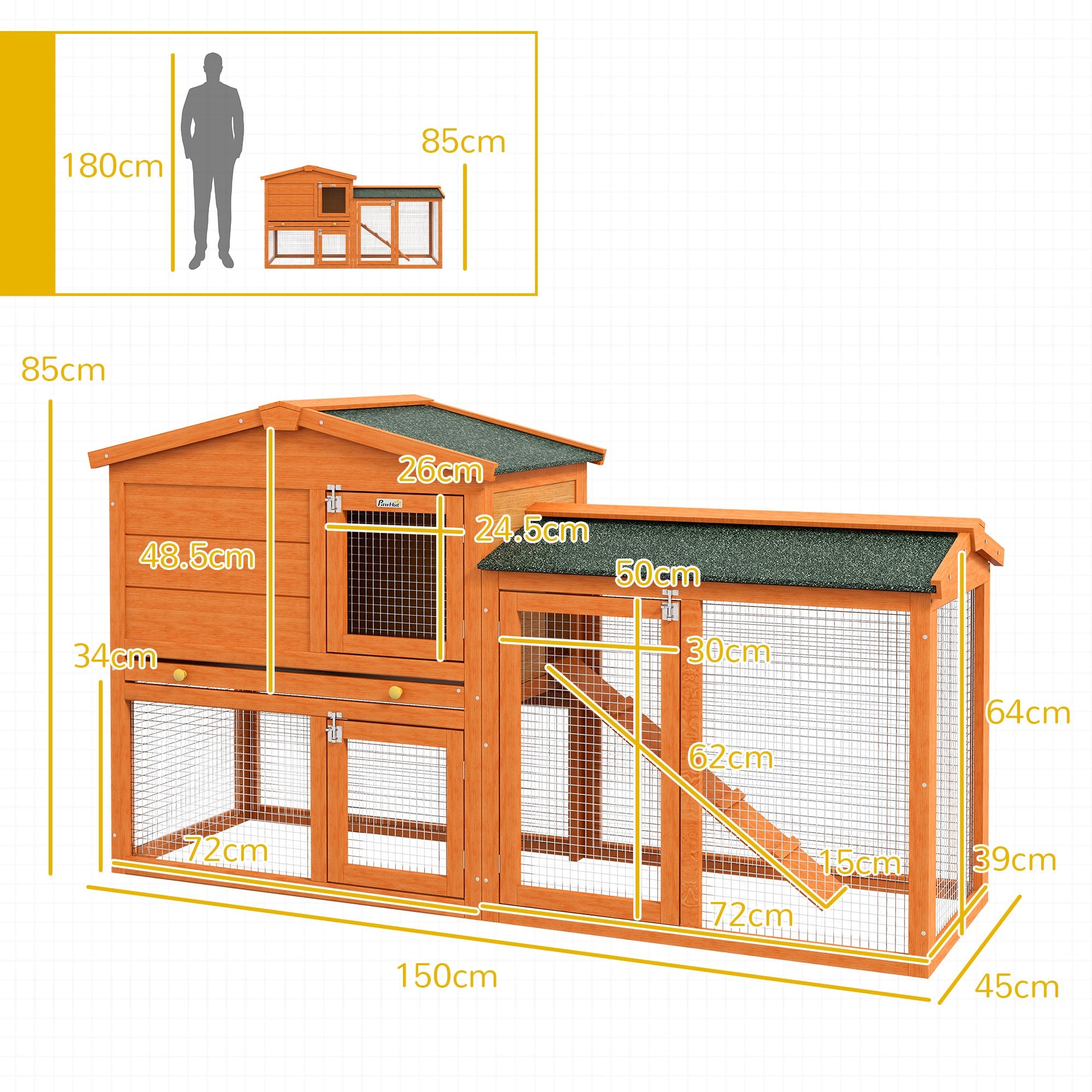 Rabbit Hutch 2 Levels Outdoor Run and Ramp, Fir Wood, Orange