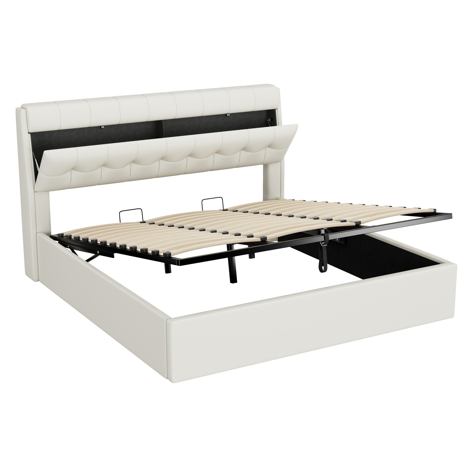 Upholstered Bed with Hydraulic Storage and Concealed Headboard Shelf, 180x200cm, White PU