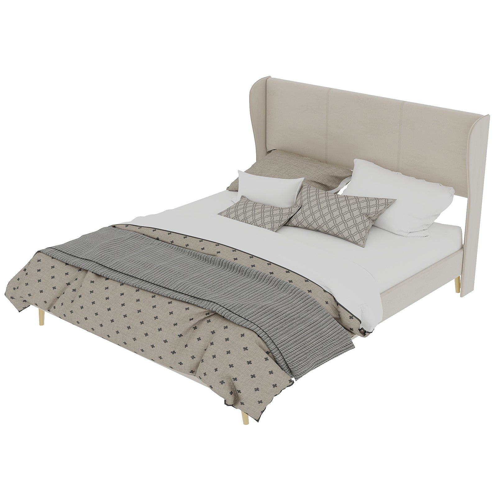 Modern Minimalist Upholstered Bed with Plush Headboard, 160x200 cm, Beige, Multifunctional Bedroom Furniture, Low-Profile Non-Storage Base (Without Gas Lift), Mattress Excluded.