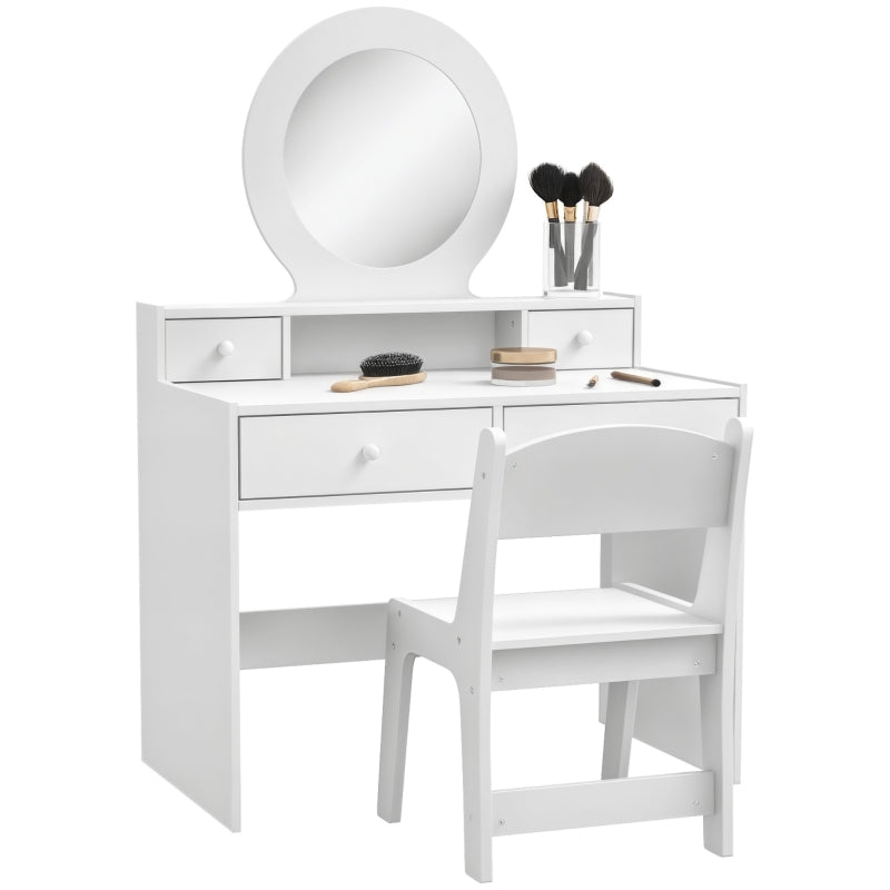 Kids Dressing Table Set with Stool, Mirror, and Storage Drawers, White Engineered Wood