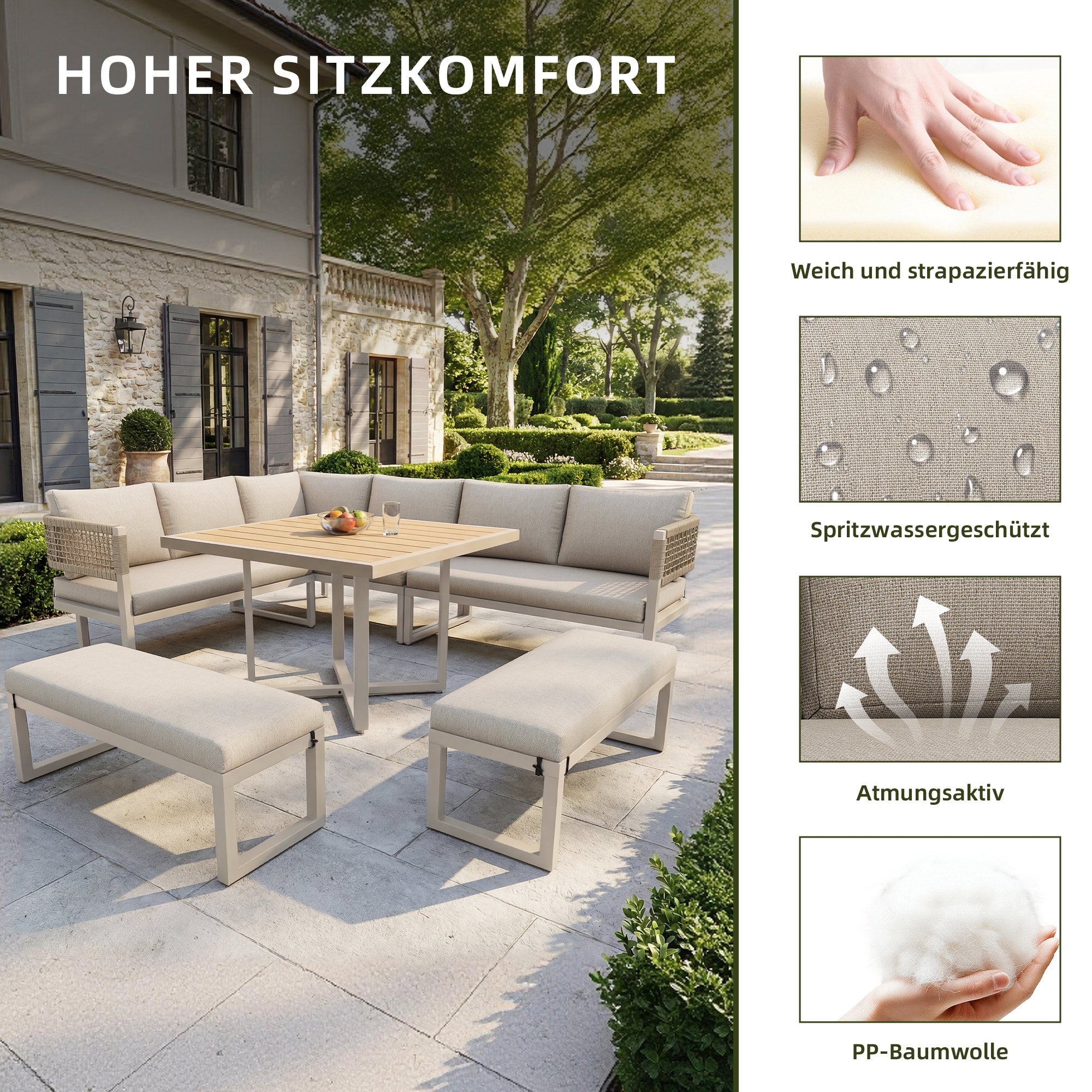 Garden Lounge Set for 8-10 People with Large Dining Table and Cushions, Plastic Wood and Ropework