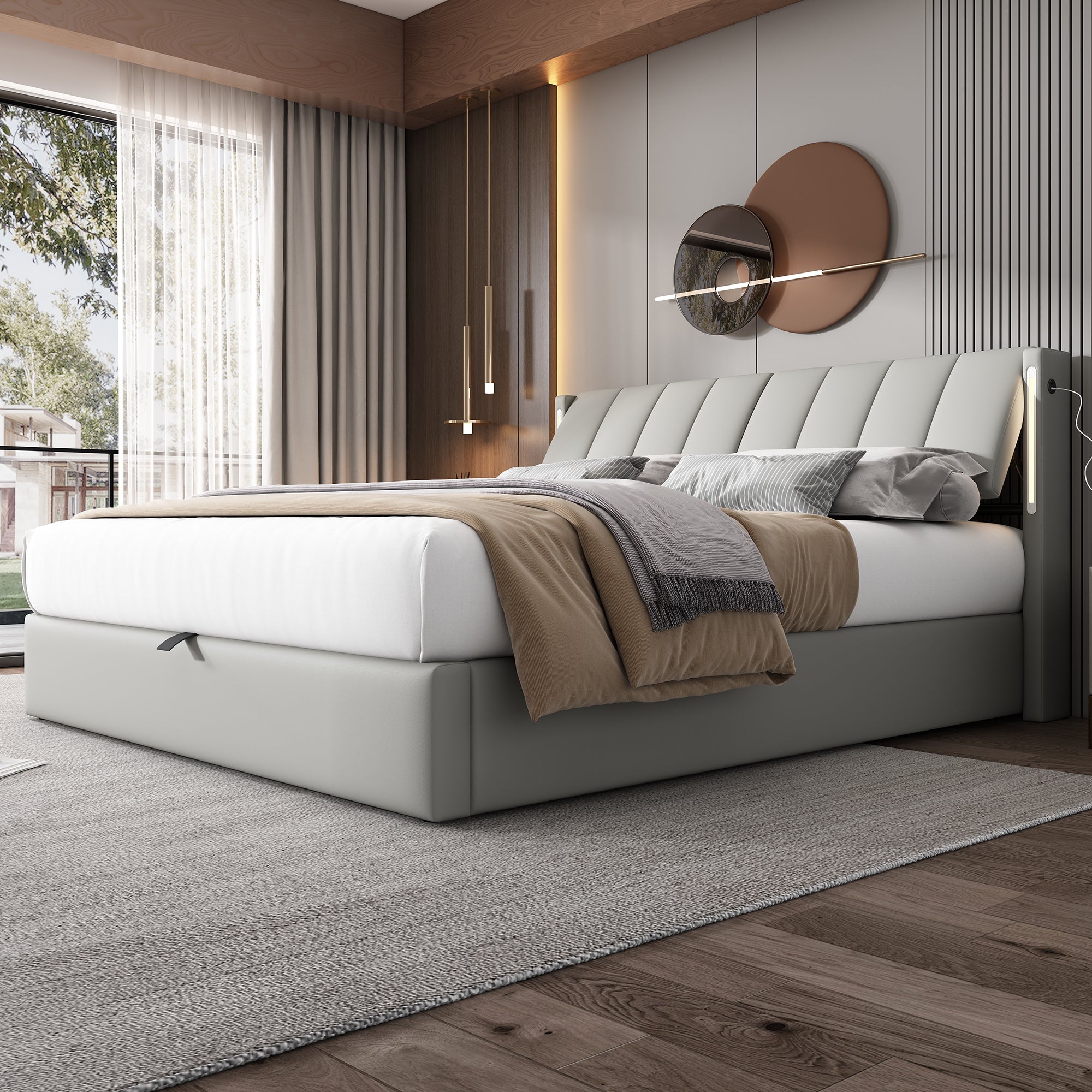 Binaural LED Upholstered Bed with Hydraulic Storage, USB Port and Adjustable Headboard, 180x200cm, Grey PU
