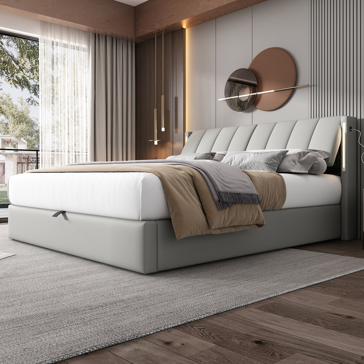 Upholstered Bed 140x200cm Hydraulic Storage LED USB Adjustable Headboard PU Grey