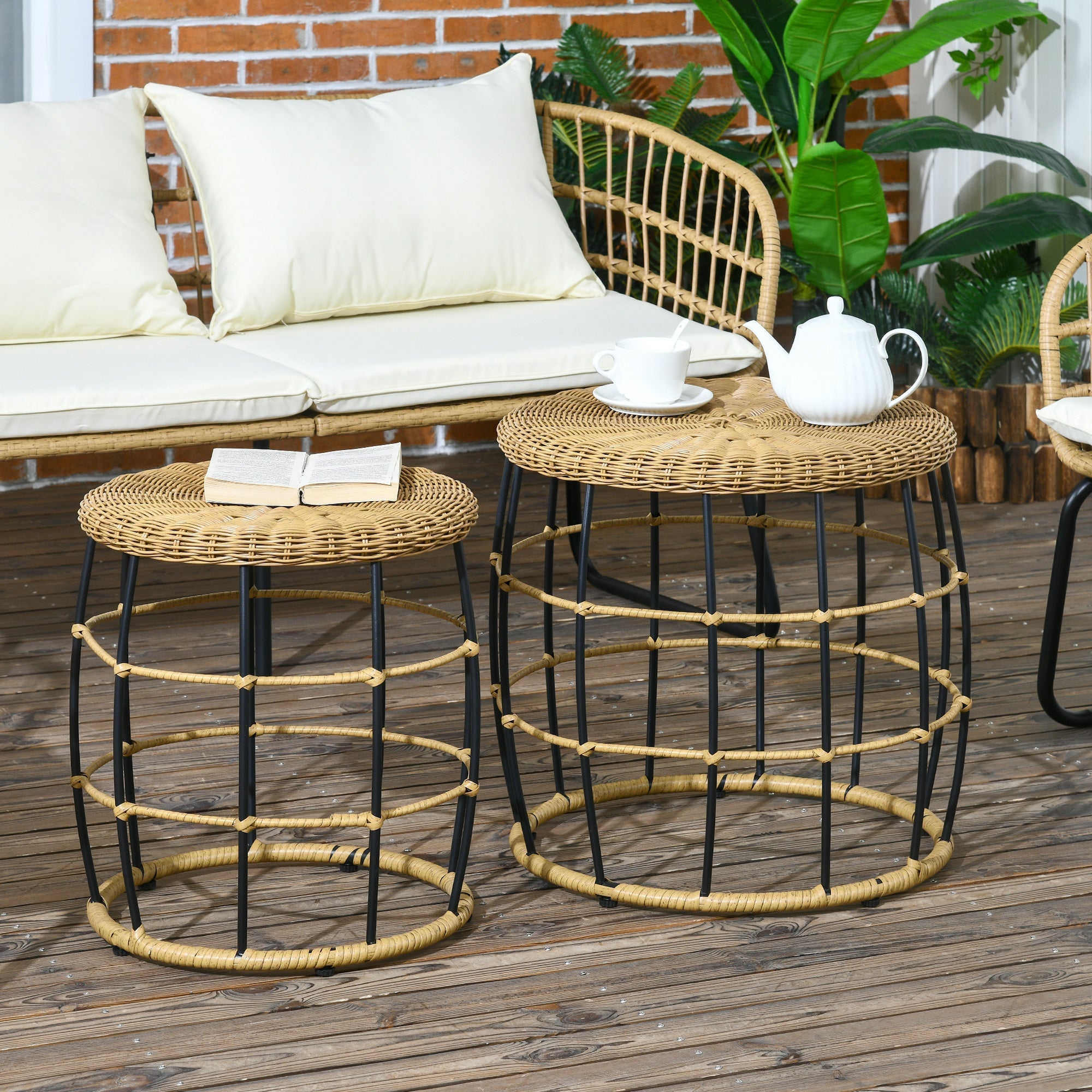 Rattan-Beistelltisch-Set 2-teilig Stapelbarer Couchtisch, Khaki