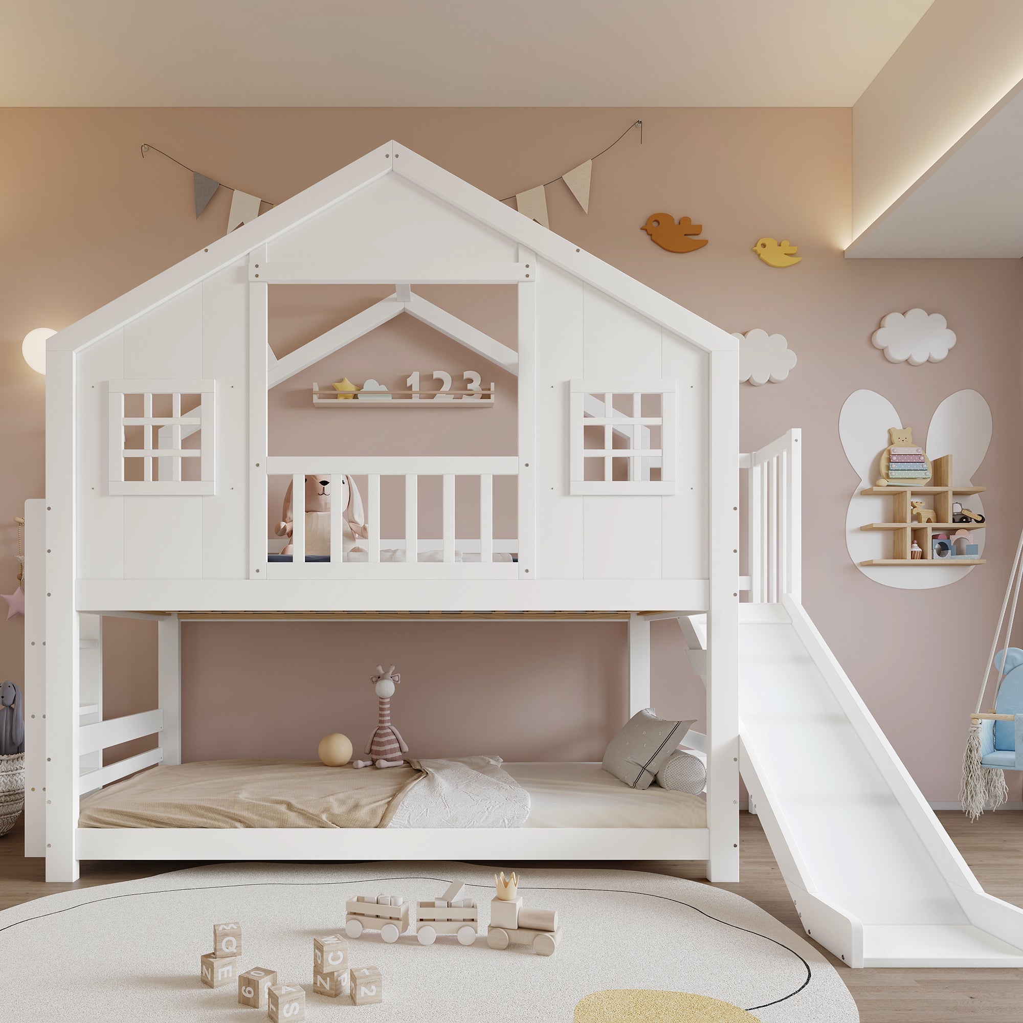 Bunk Bed with Slide and Window Roof Design, 90x200cm, White Pine + MDF + Plywood