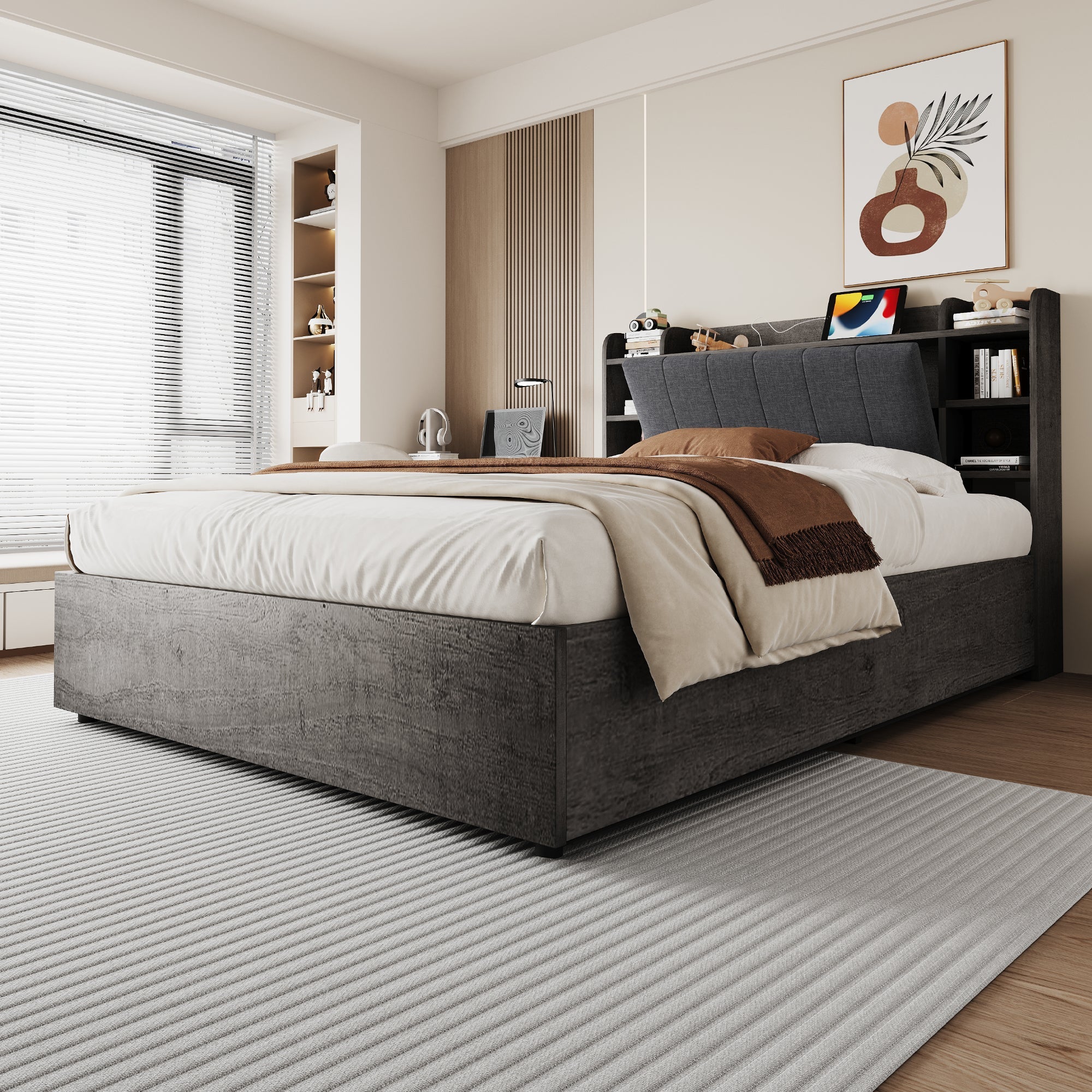 Hydraulic Bed with Storage Headboard and USB Charging, 180x200cm, Grey Wood