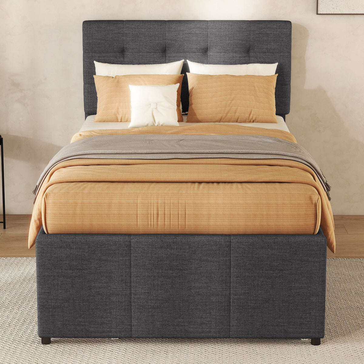 Upholstered Bed 90x200cm Pull-out Trundle 3 Drawers Adjustable Headboard - Grey