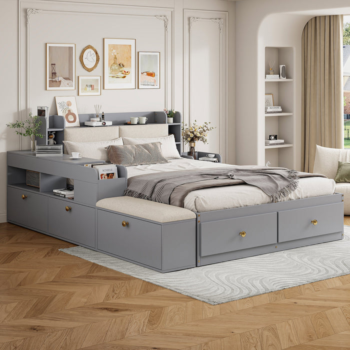 Solid Wood Combo Bed, 140x200cm with Storage & Sofa Bench, Gray