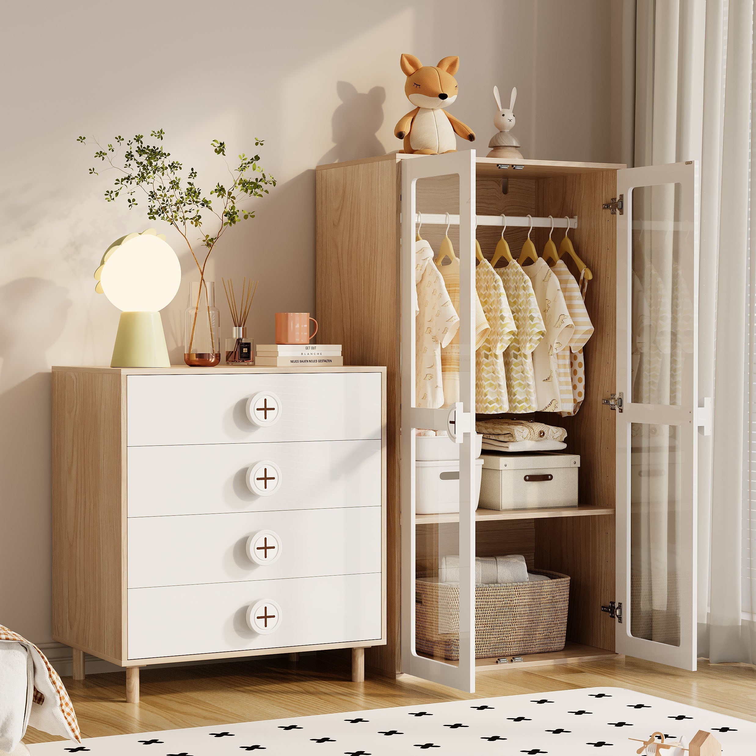 Wardrobe and Chest of Drawers Combination Set, Lacquered Panels and Chipboard, White