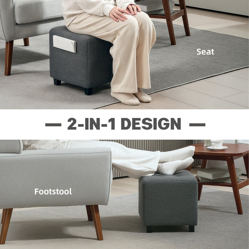 Square Footstool Small Ottoman with Side Pocket, Padded Seat, 35x35x35cm, Linen Fabric Grey
