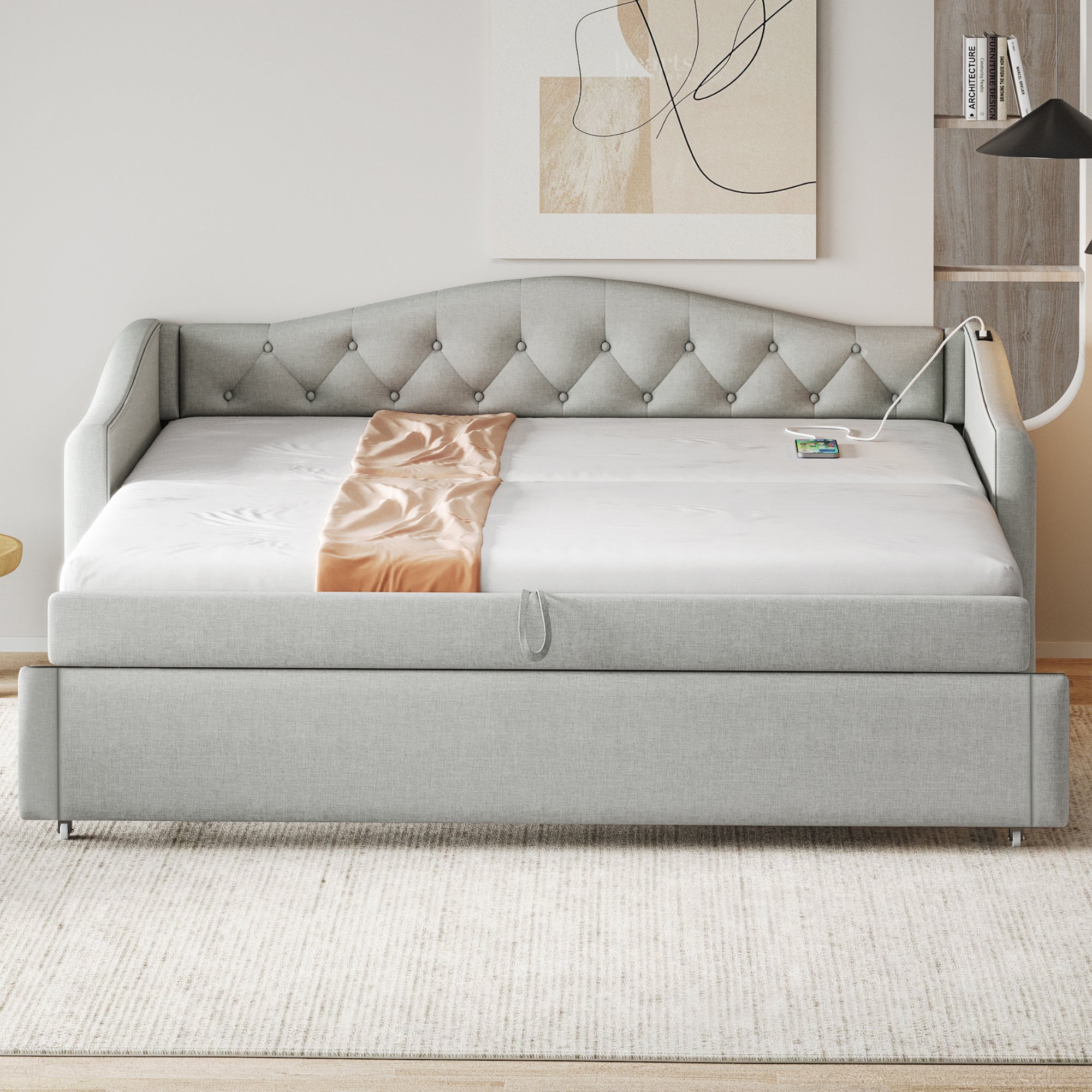 Upholstered Bed Pull-out Sofa Bed, 90 x 200 cm, USB Port, Linen Fabric, Grey