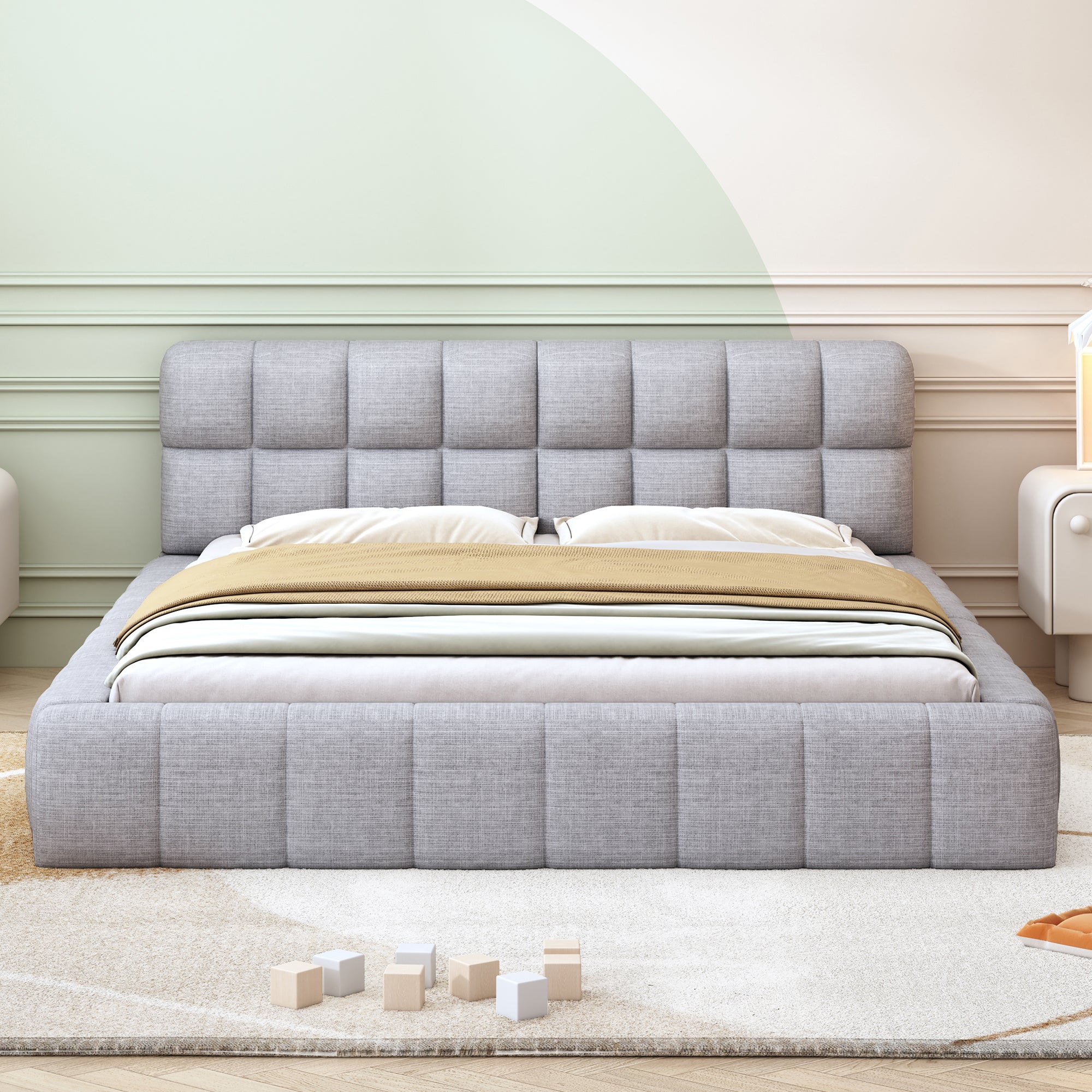 Upholstered Bed 140x200cm Double with Soft Backrest, Linen Grey