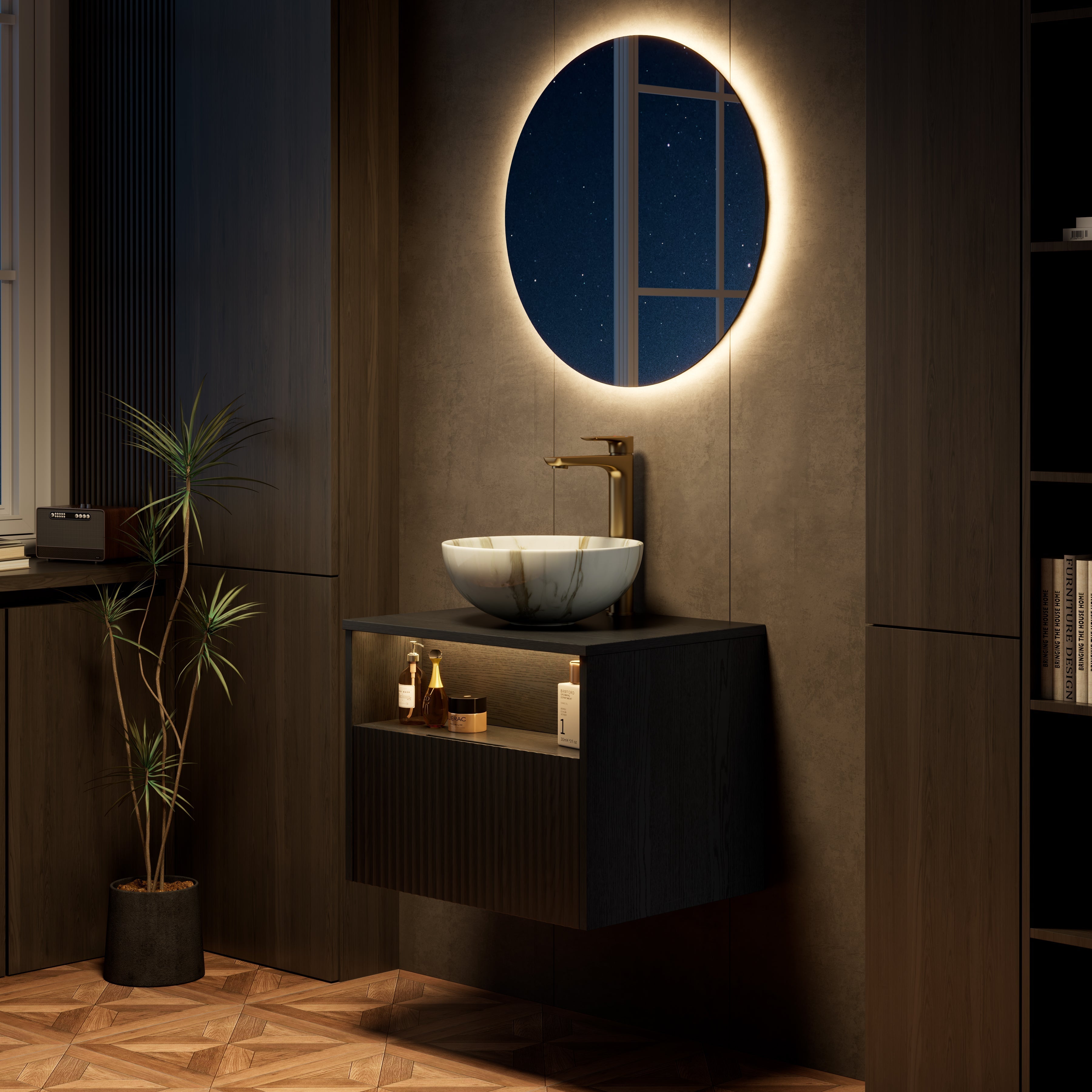 Floating Bathroom Vanity with Ceramic Basin and Sensor Light, Black Plywood
